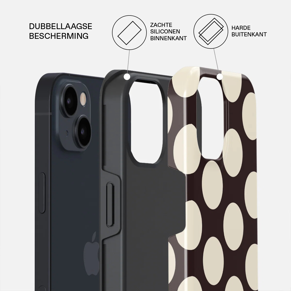 A dark smartphone with a polka dot protective case. Dual-layer protection shown.