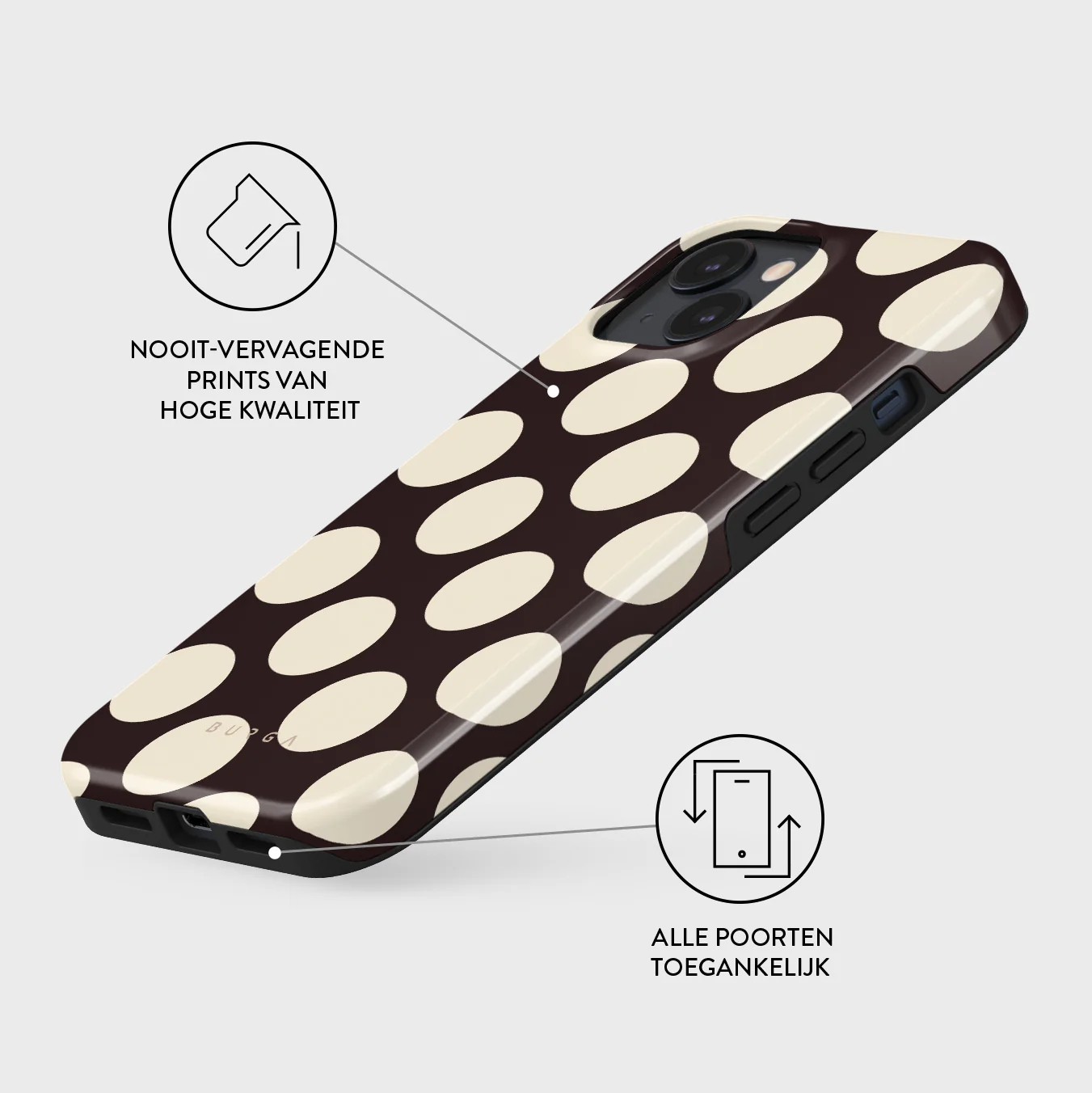 A brown phone case with cream-colored polka dots.
