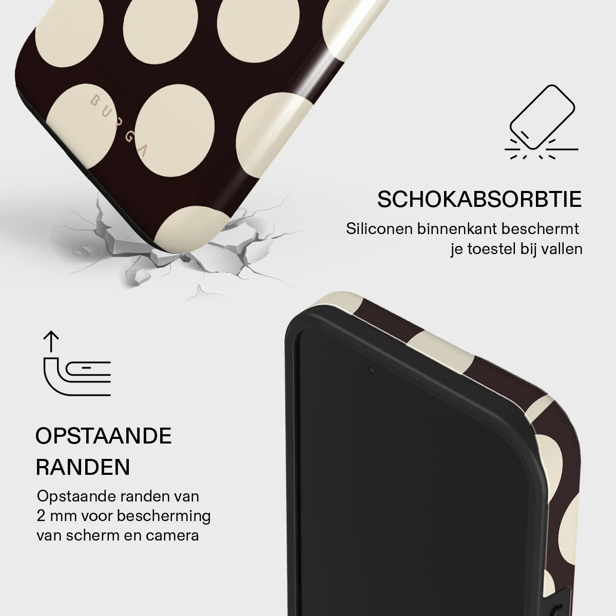 Phone case with polka dots, shock-absorbent and raised edges.