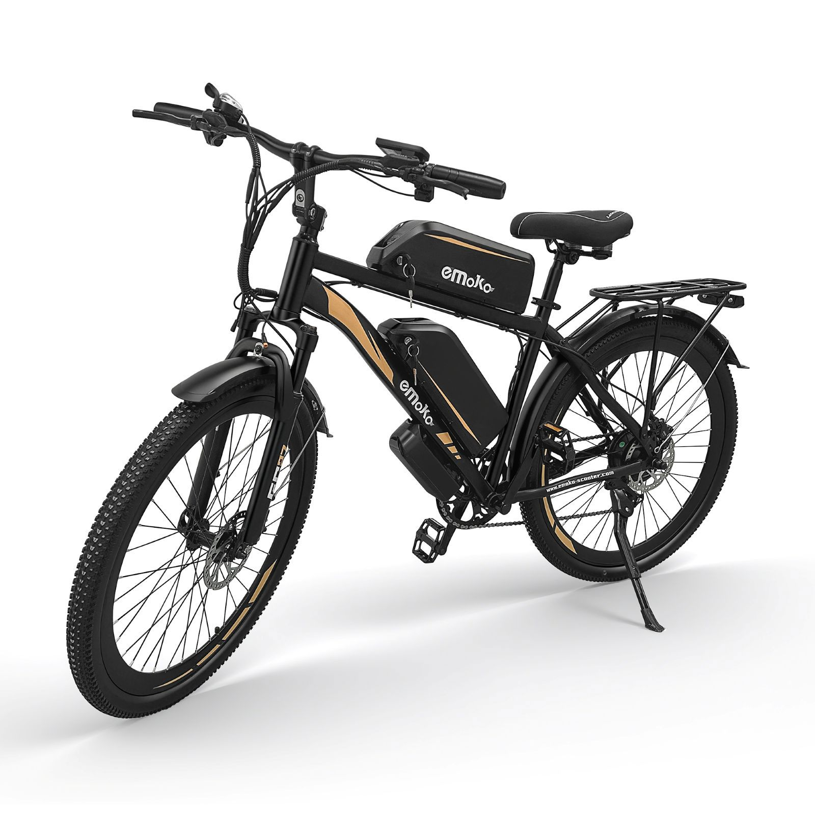 Bicicleta eléctrica negra con detalles dorados, dos baterías y portaequipajes.
