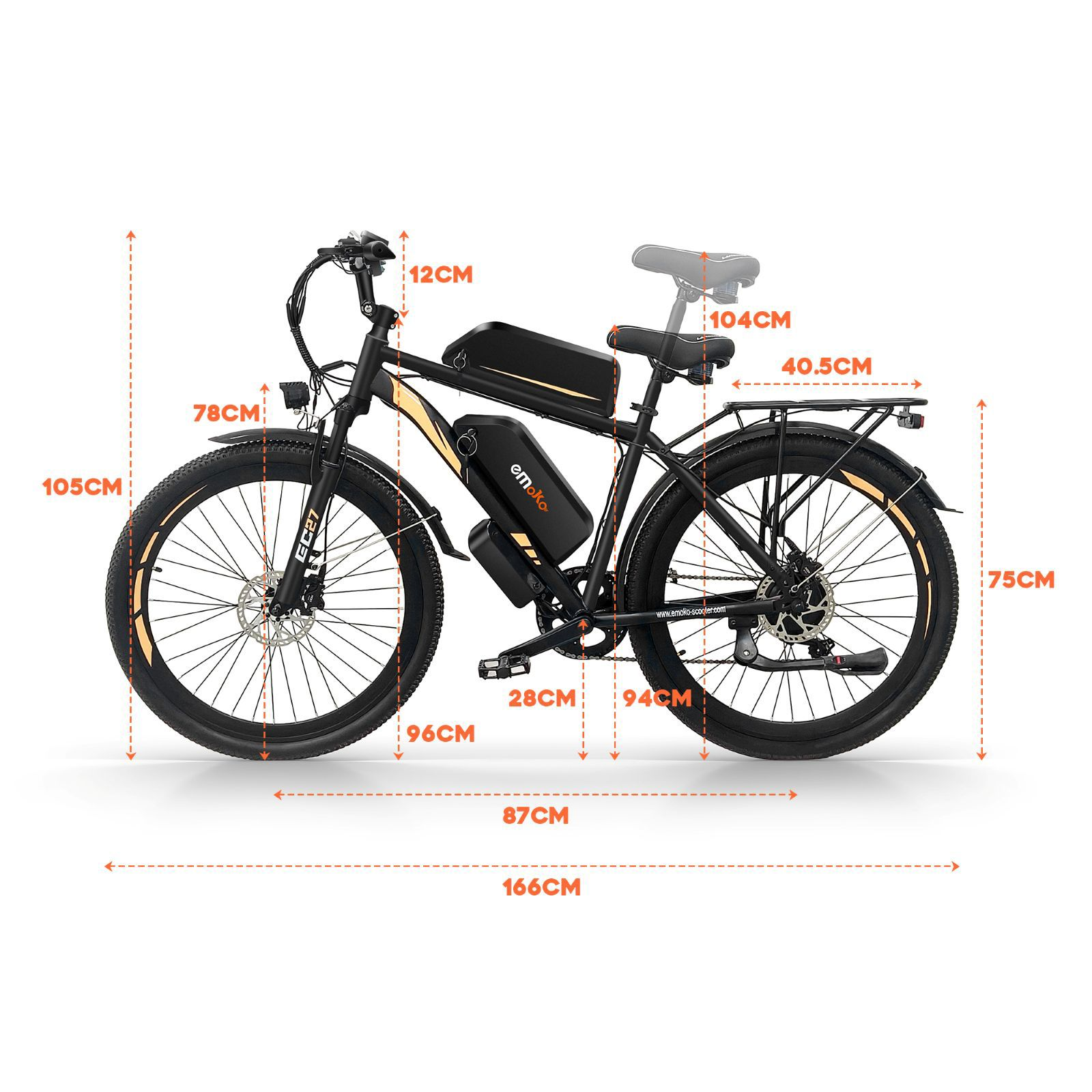 Bicicleta eléctrica negra con dimensiones etiquetadas. Cuenta con dos baterías, portaequipajes y frenos de disco.