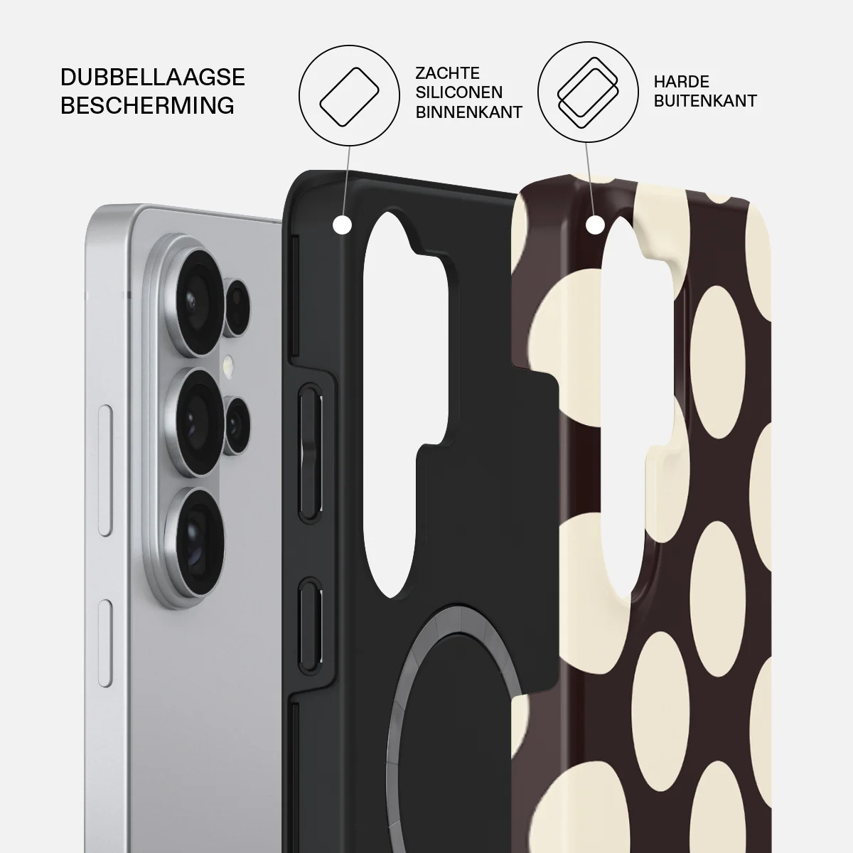 Dual-layer phone case: soft silicone interior, hard exterior.