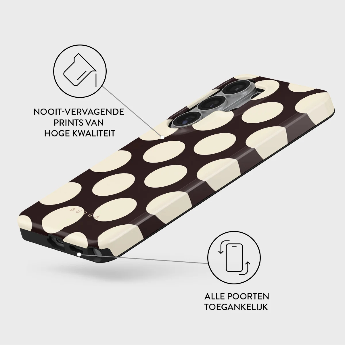 Brown phone case with cream-colored polka dots and camera cutout.