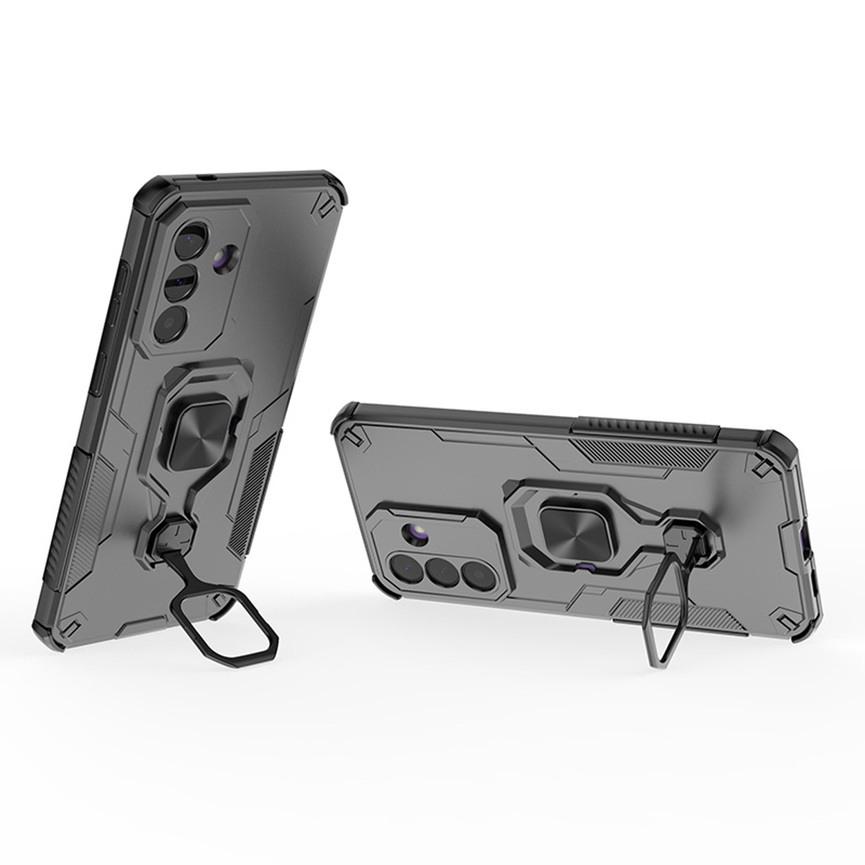 Twee zwarte, robuuste telefoonhoesjes met standaard en ringhouder op witte achtergrond.