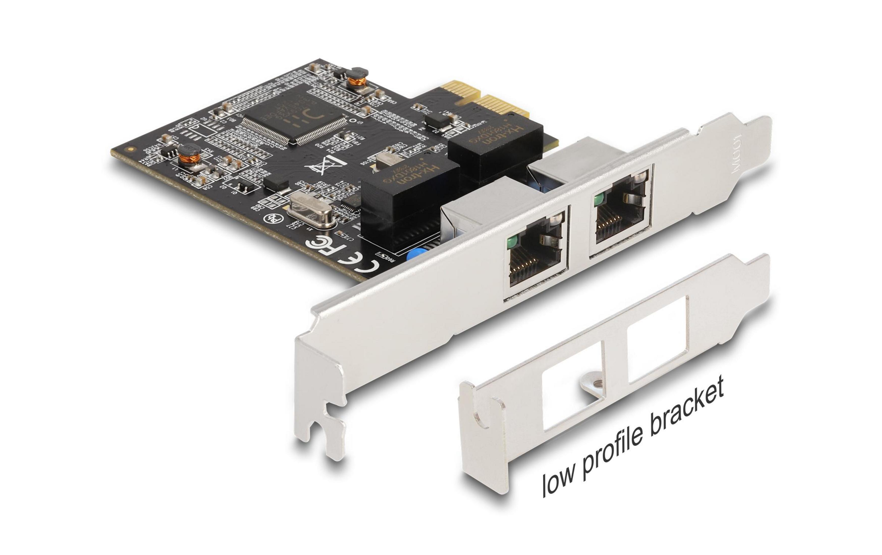 Una scheda di rete con due porte Ethernet e una staffa separata.