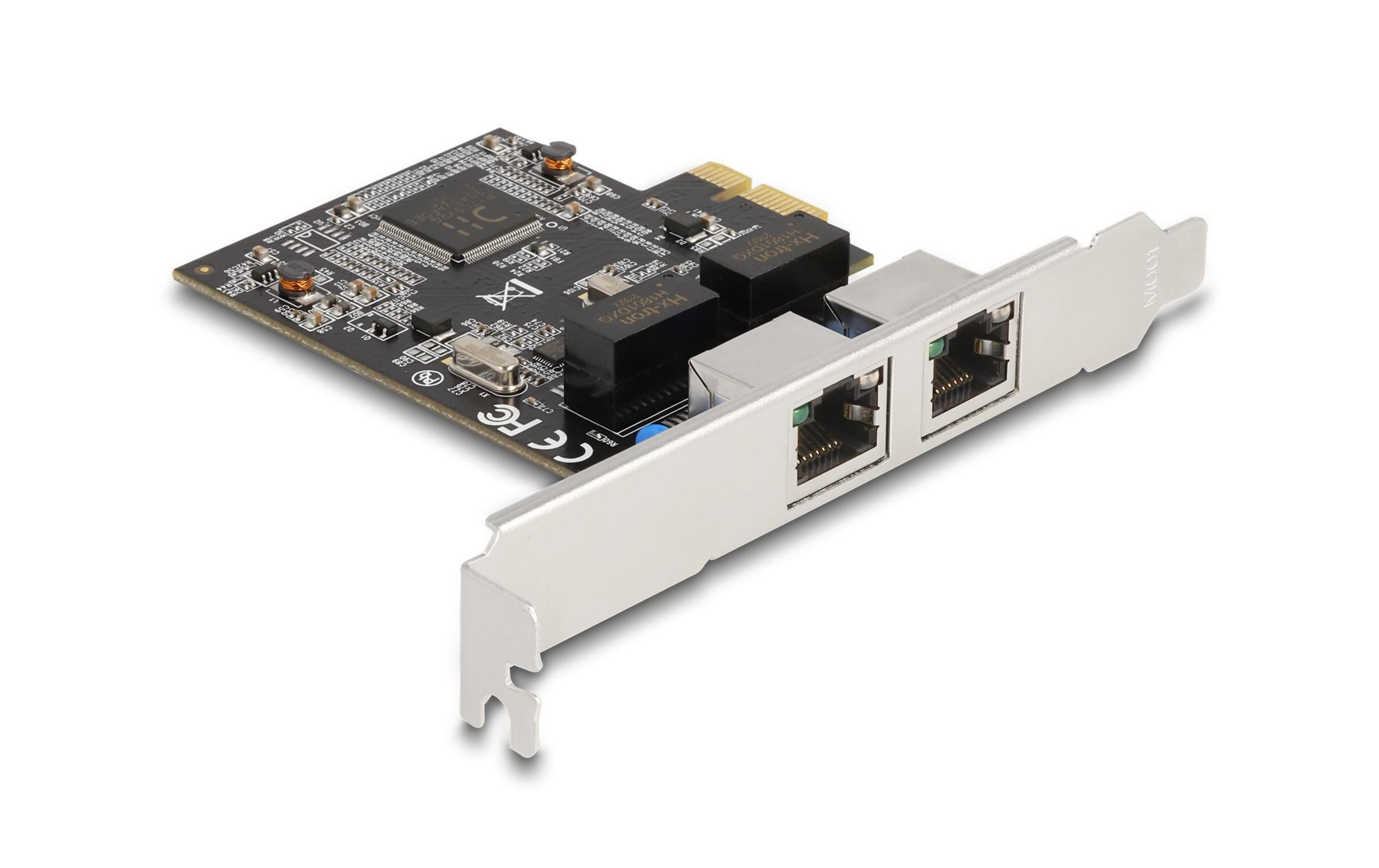 Scheda di rete con due porte Ethernet e PCB nero.