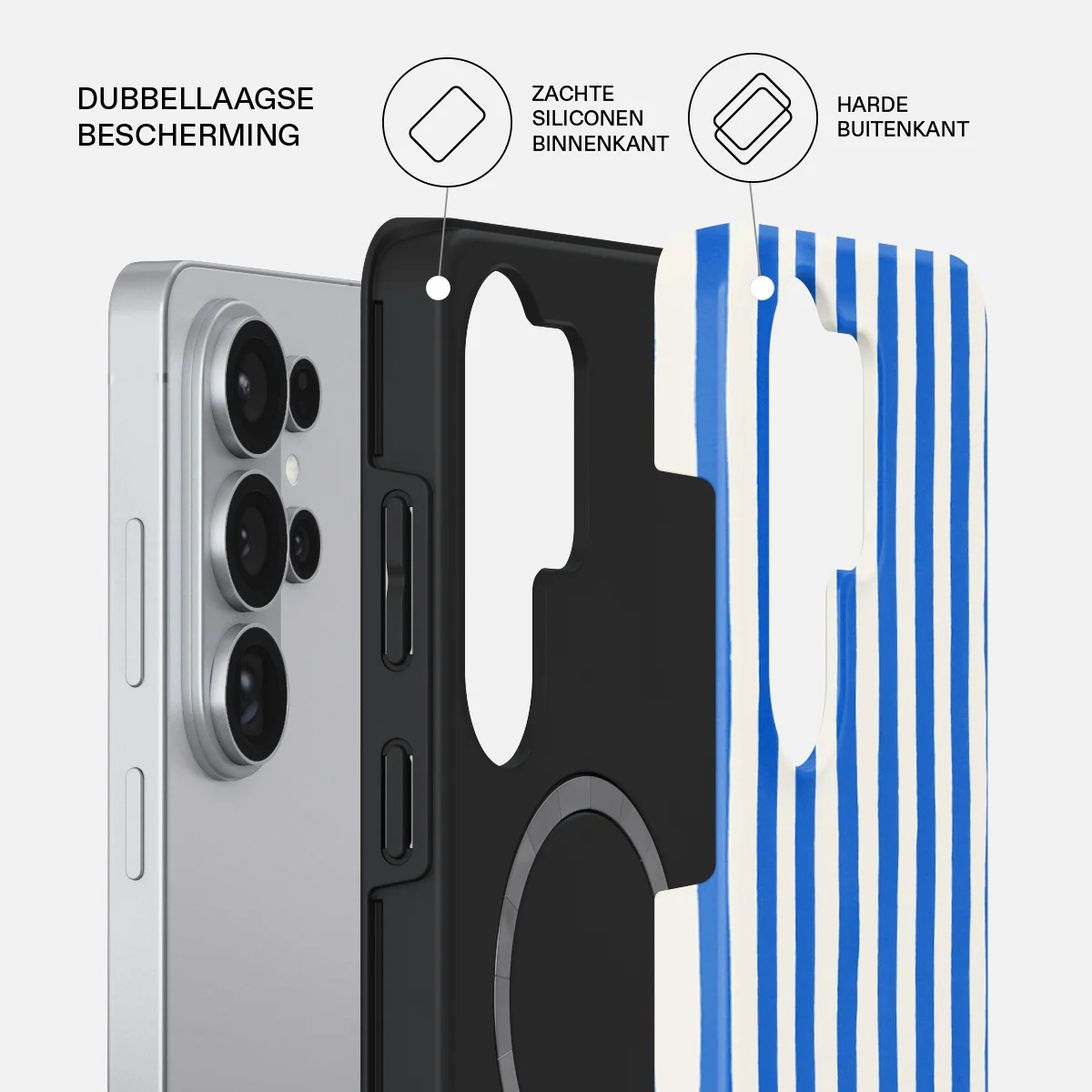 Striped silicone phone case next to a silver smartphone, showing dual protection.