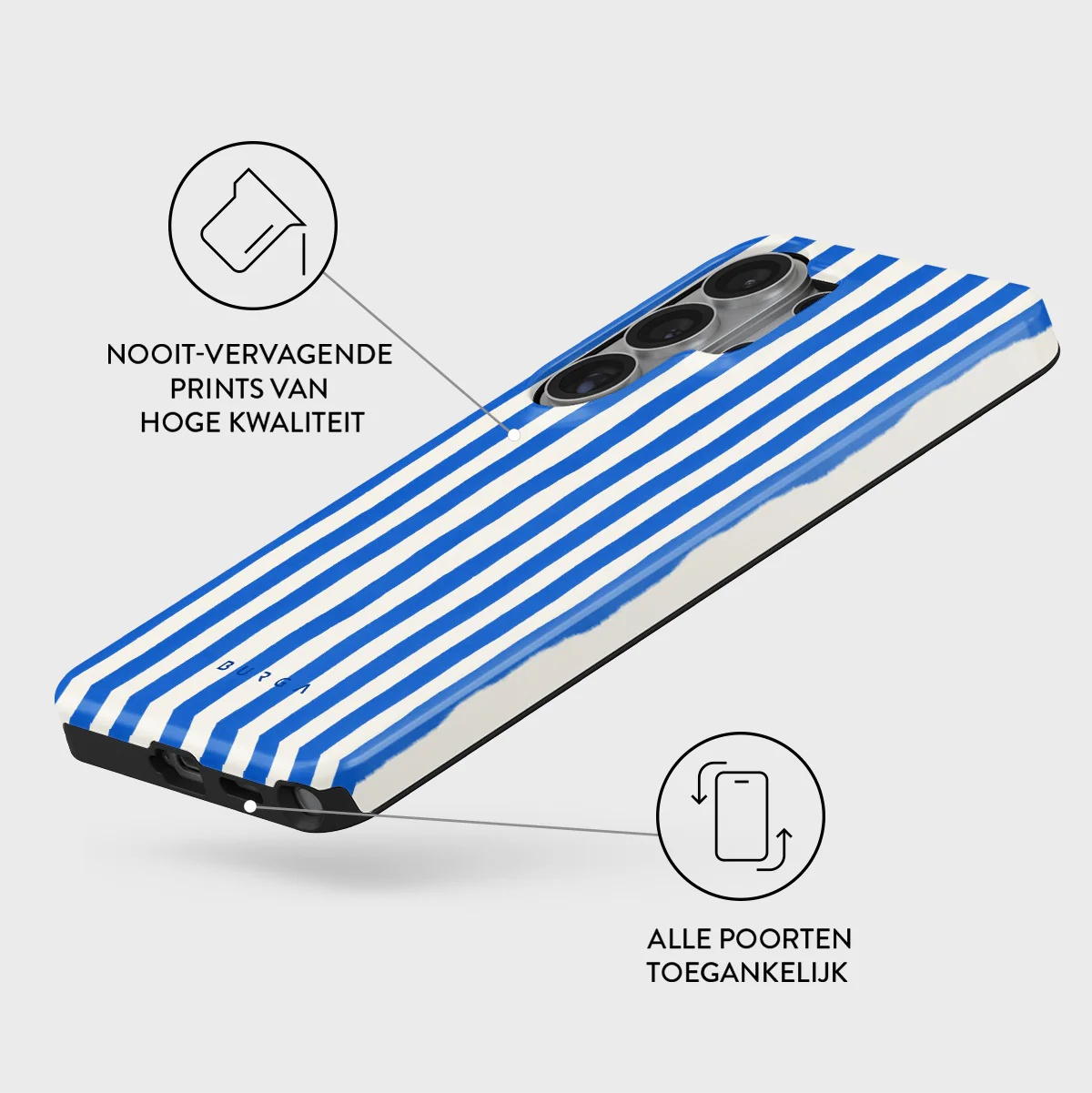 A blue and white striped phone case with three camera lenses on top.