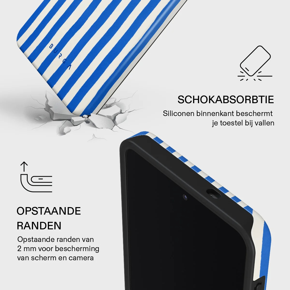 Blue and white striped phone case. Shock absorption and raised edges.
