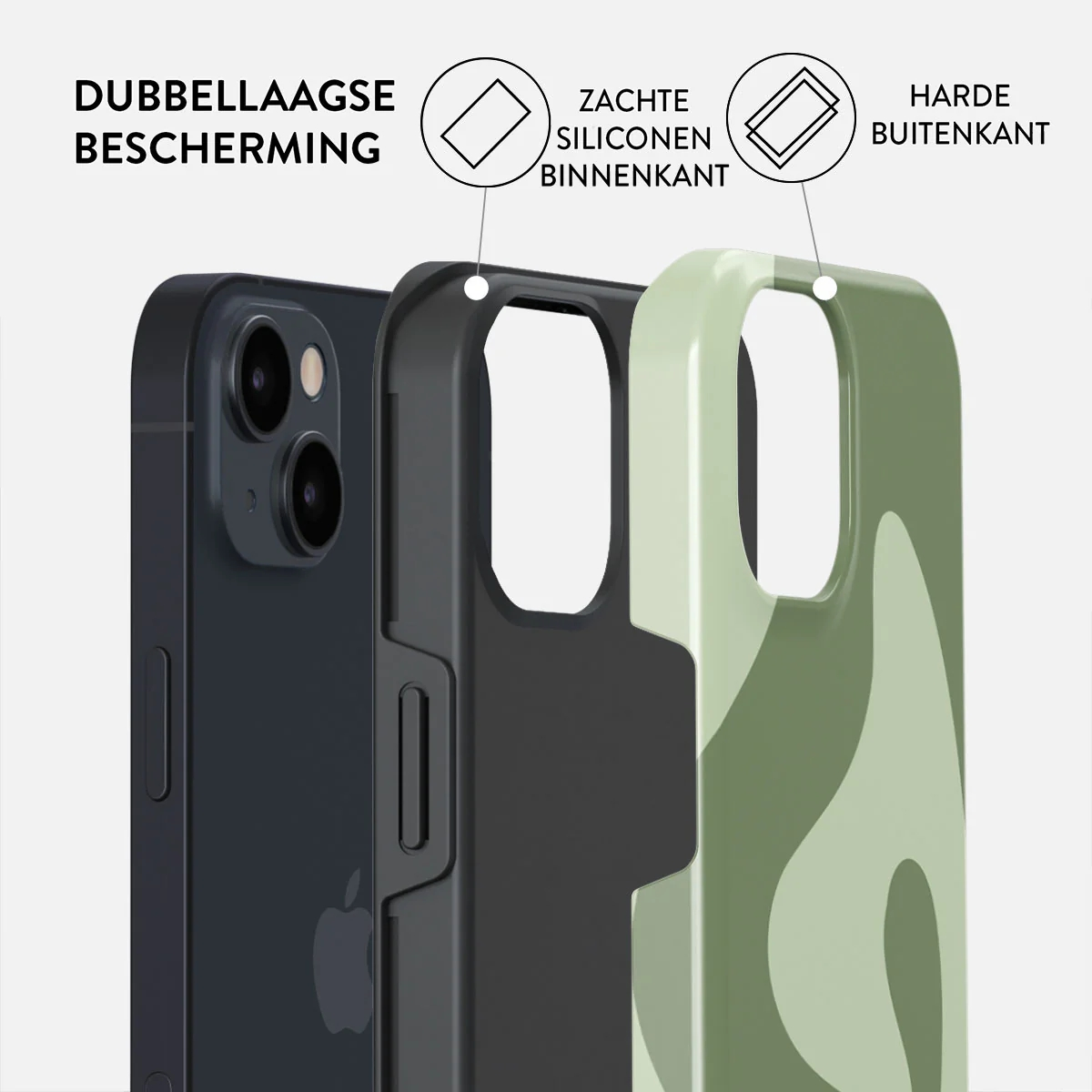 Two-layer phone case: soft silicone inner, hard outer shell. Camo design.