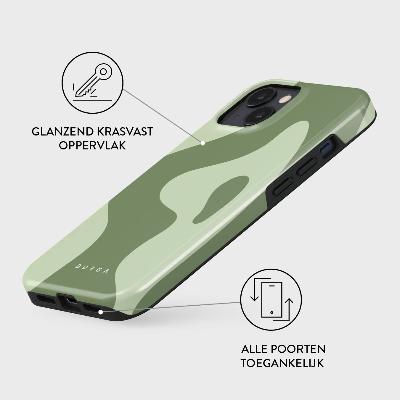 A light green camouflage phone case with glossy finish. Text details features.