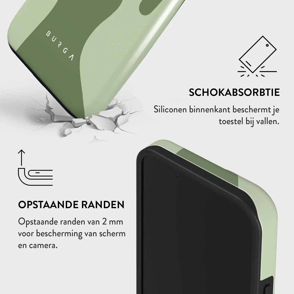 Green phone case with shock absorption and raised edges for screen protection.