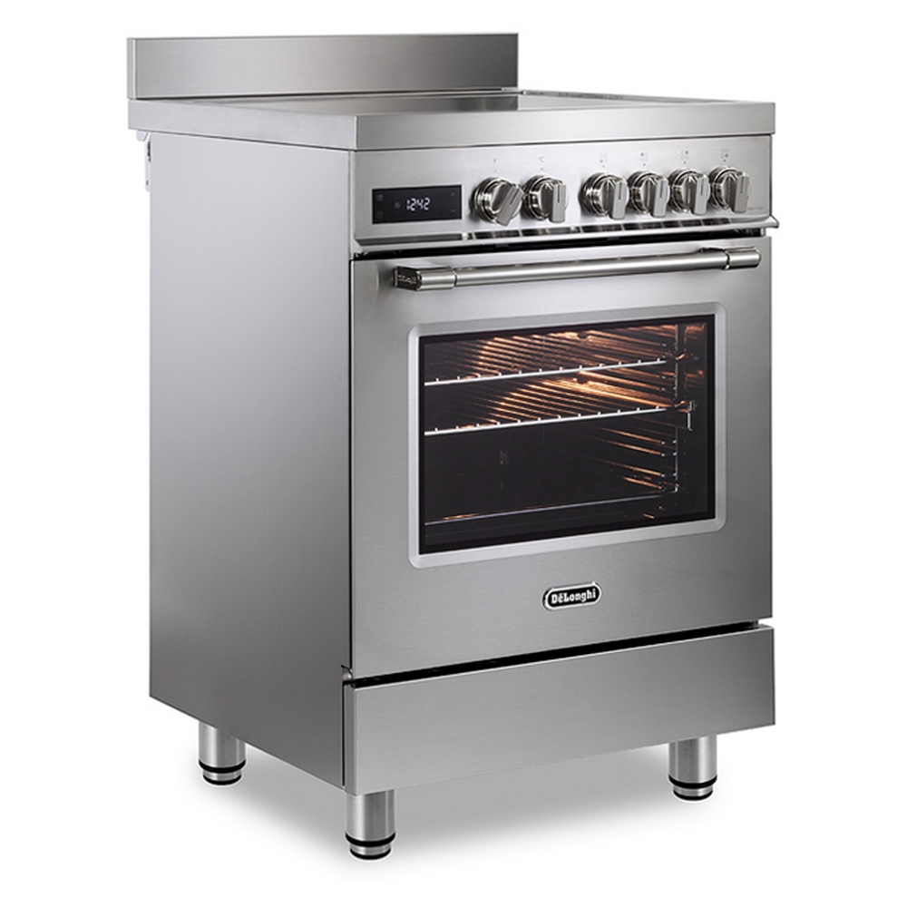 Un forno DeLonghi argento con display digitale e finestra in vetro.