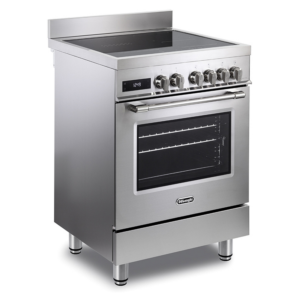 Un fornello argento freestanding con piano cottura in vetro e porta forno.