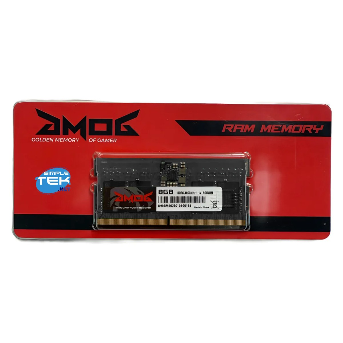 Confezione rossa mostra RAM AMOG, 8GB DDR5-4800MHz SODIMM.