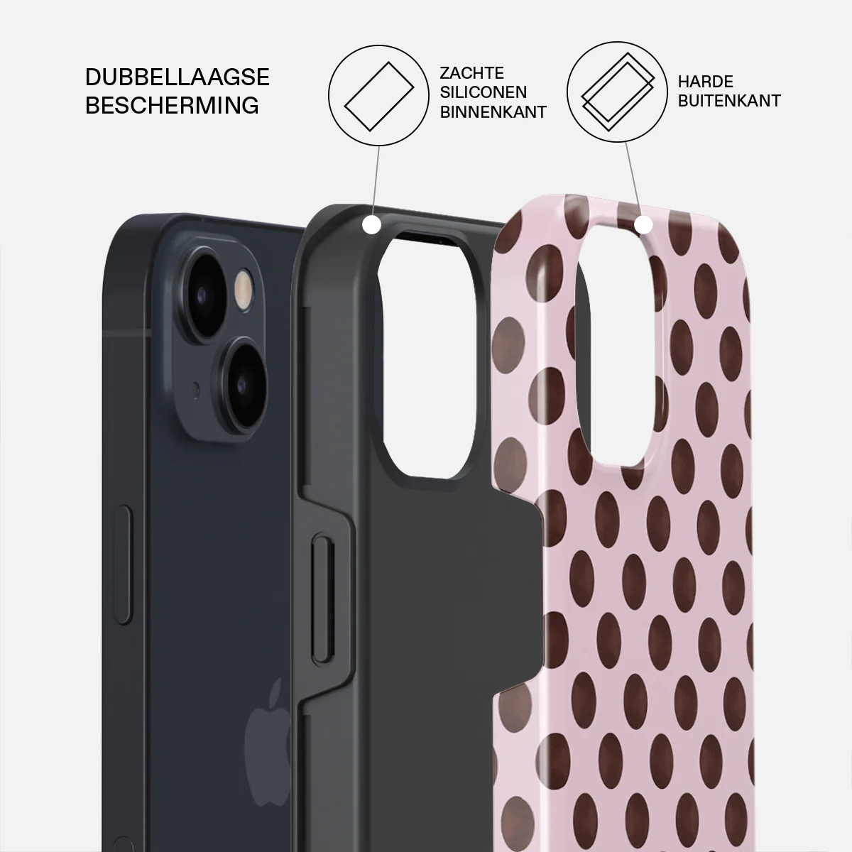 A phone case with pink background and brown polka dots, showing dual-layer protection.