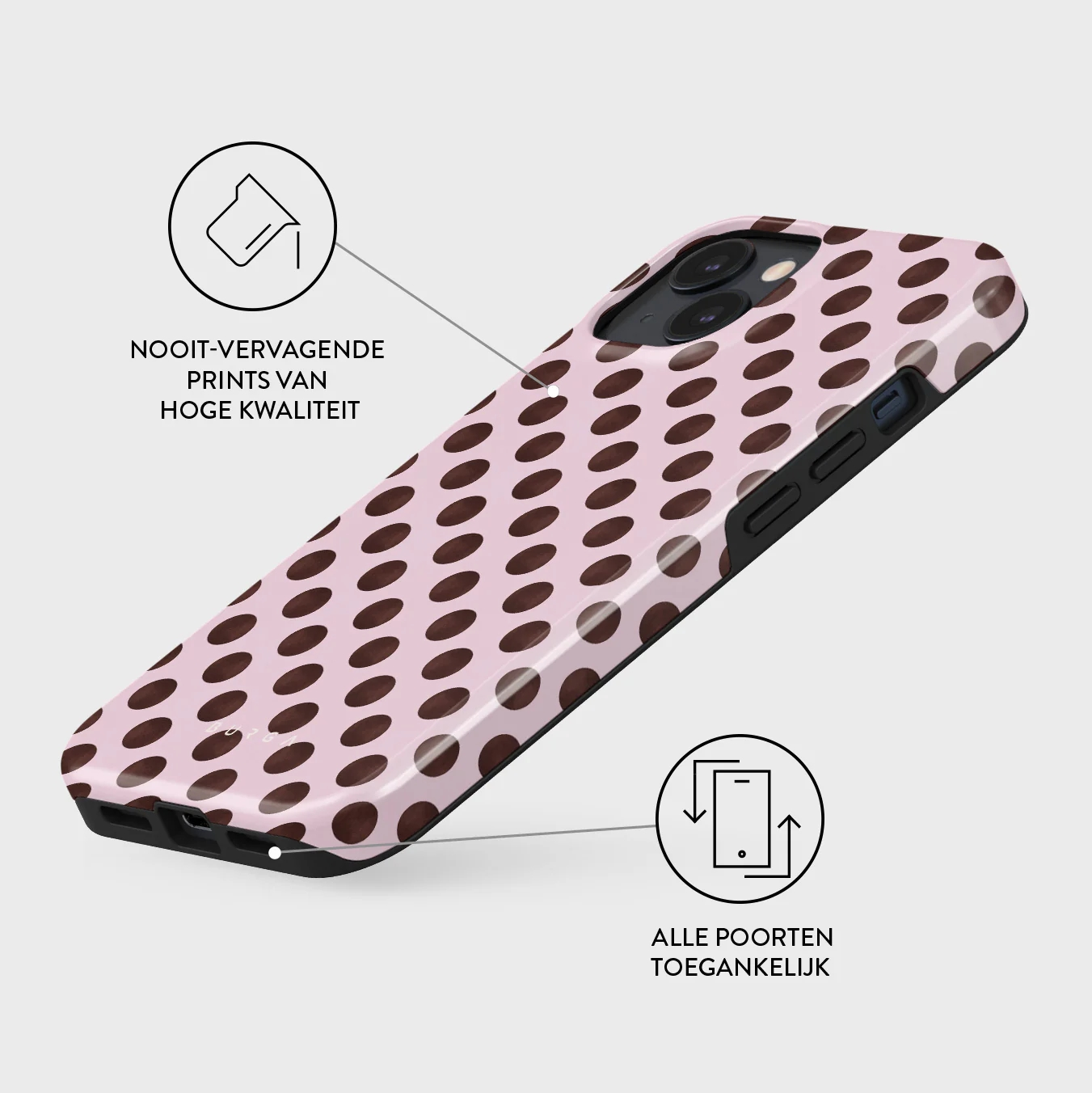 A light pink phone case with brown polka dots, shown on a light gray background.