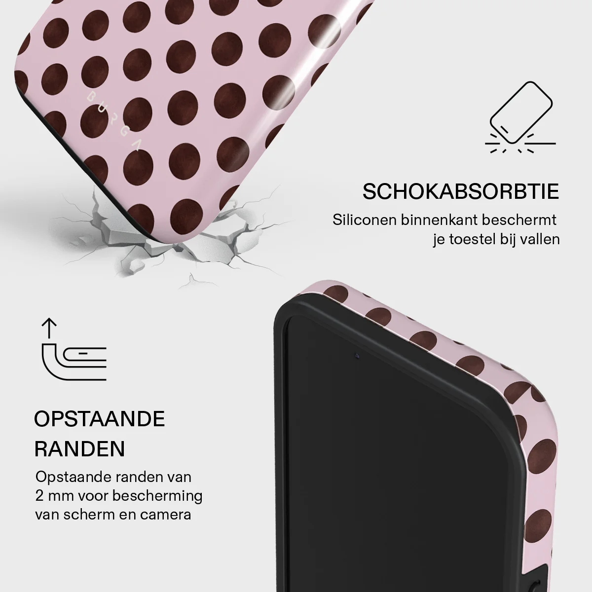 Pink phone case with brown polka dots, shock absorbent and raised edges.