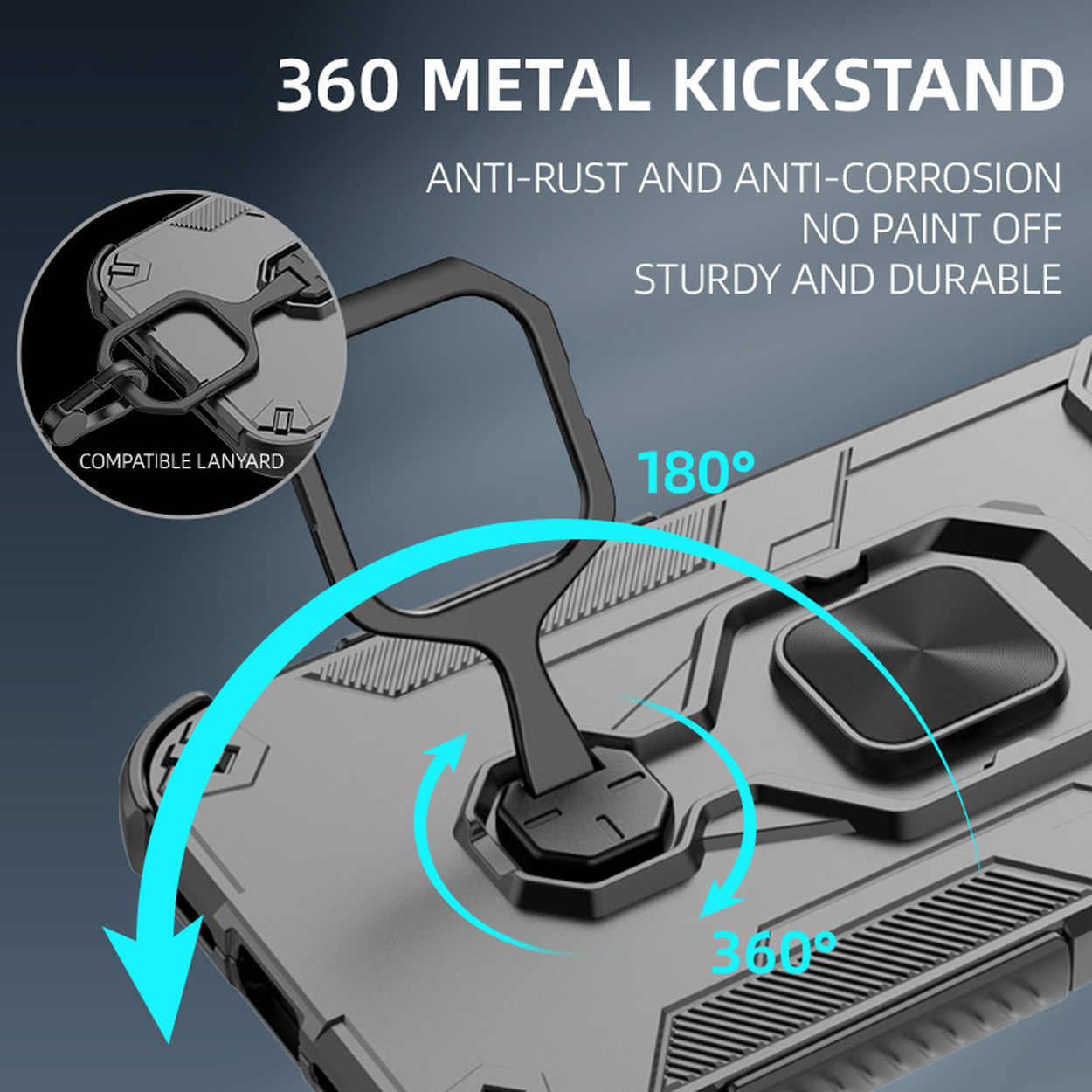Grijze telefoonhoes met 360° metalen standaard, compatibel met lanyard.