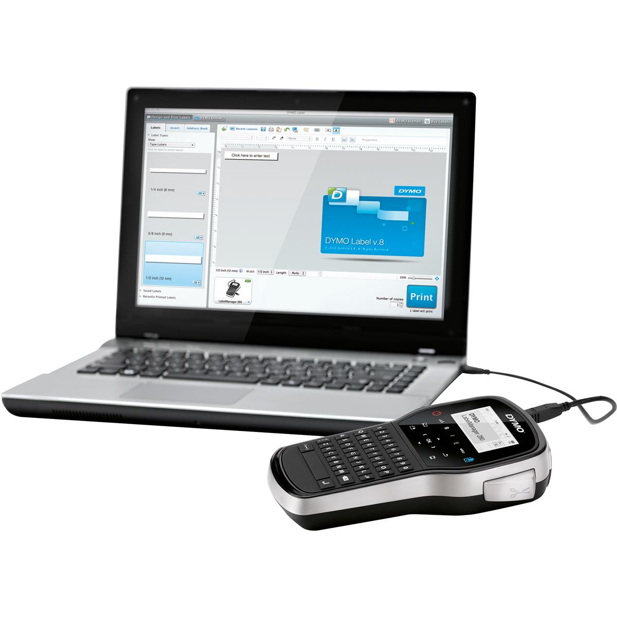 Un laptop con software per etichette e una stampante DYMO LabelManager 200 accanto.