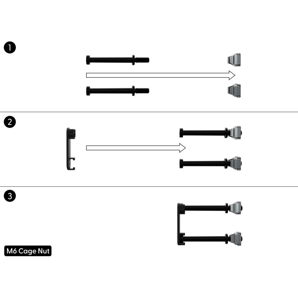 Diagramma mostra assemblaggio dadi e bulloni gabbia M6 in 3 passaggi. Passaggio 1: Bulloni e dadi. Passaggio 2: Inserire bulloni. Passaggio 3: Dadi fissati.