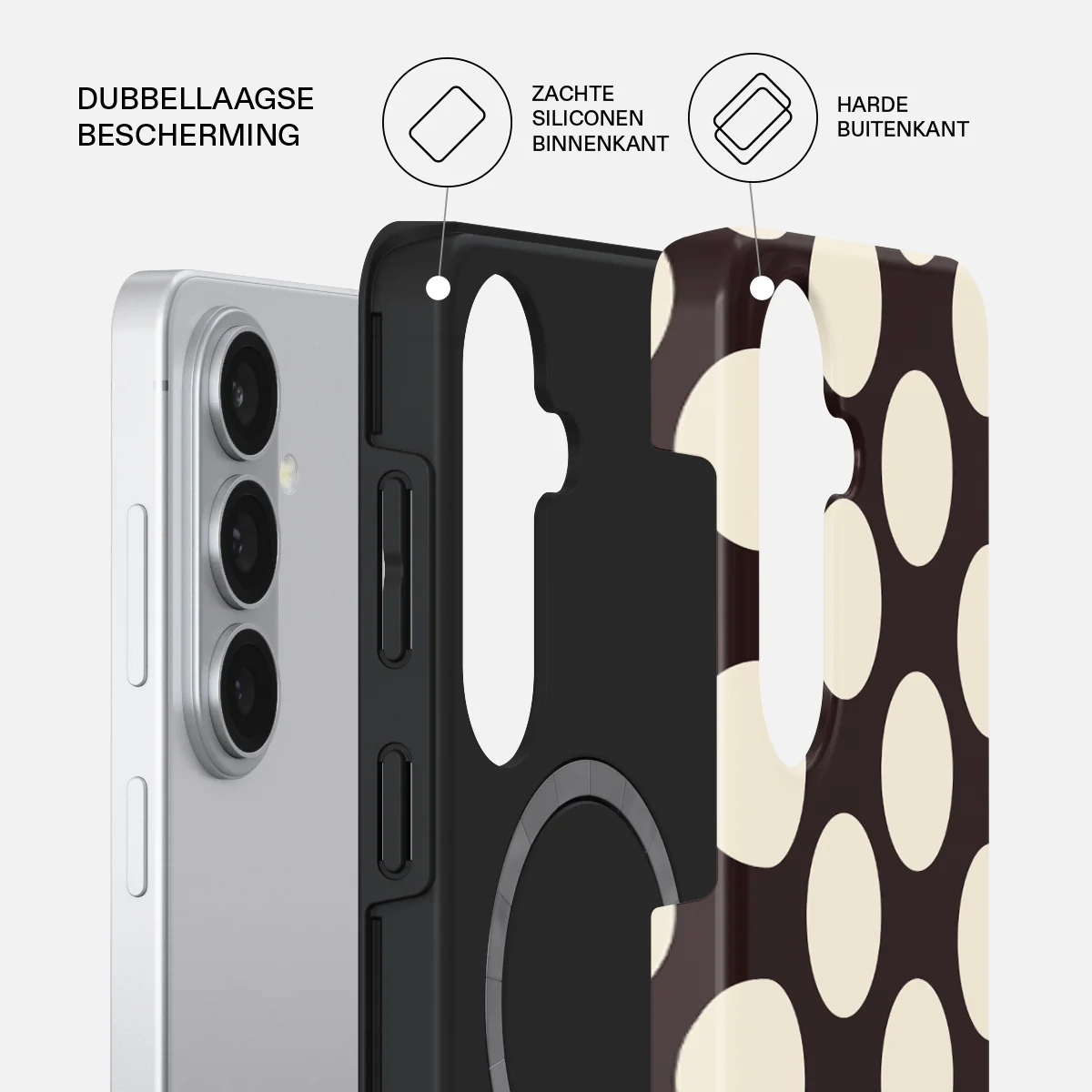 Dual-layer phone case with silicone interior and polka dot exterior.