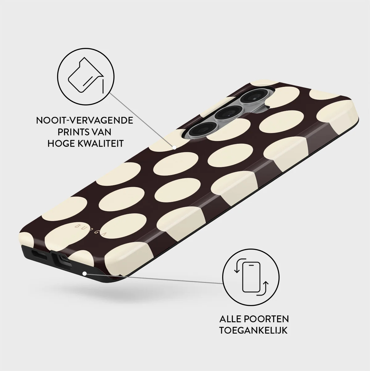 Brown phone case with cream polka dots, camera cutout, and charging port.