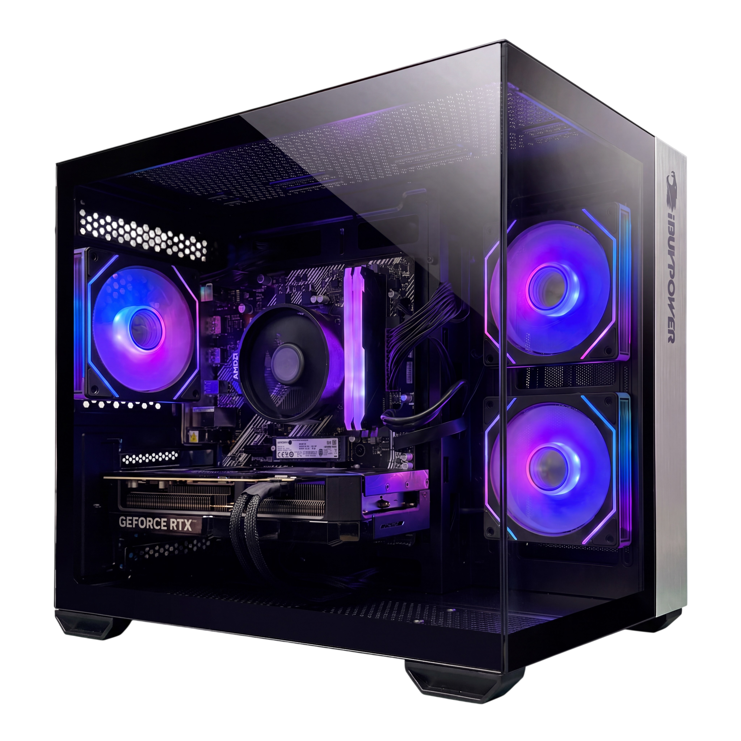 Un PC para juegos con ventiladores RGB, panel lateral de cristal y tarjeta gráfica GeForce RTX.