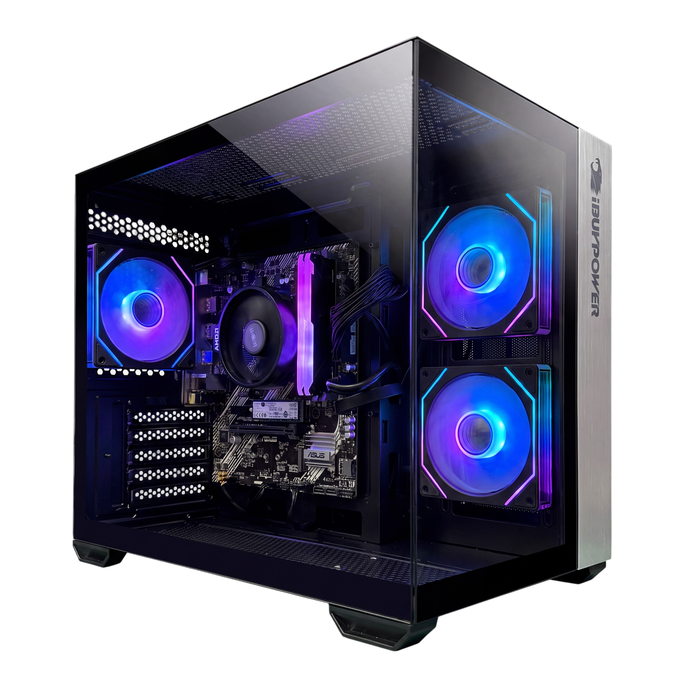 Una caja de PC con frontal de cristal, ventiladores iluminados y componentes.
