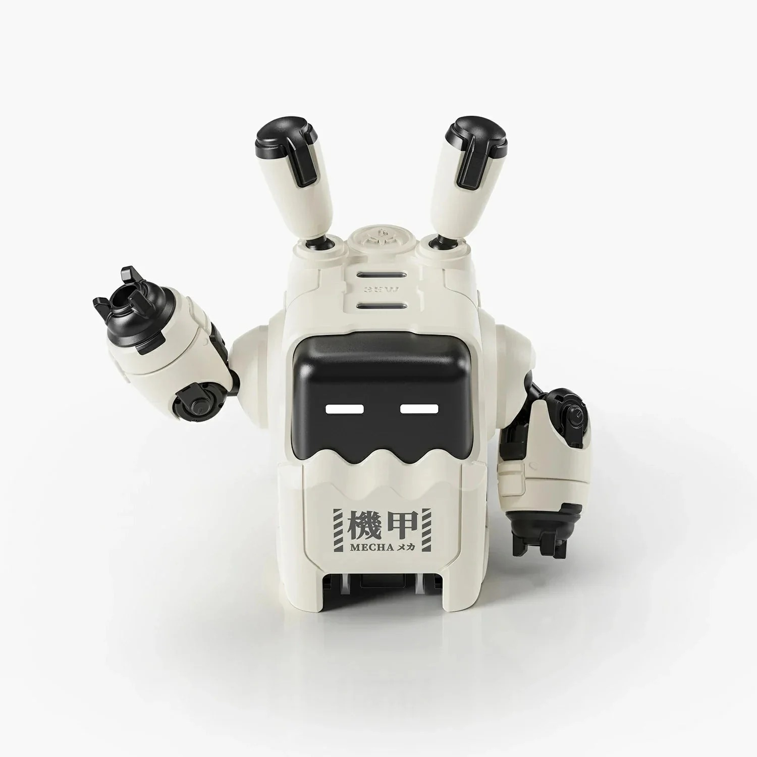 Siyah vurgulu beyaz bir robot, bir kolu kalkık duruyor.