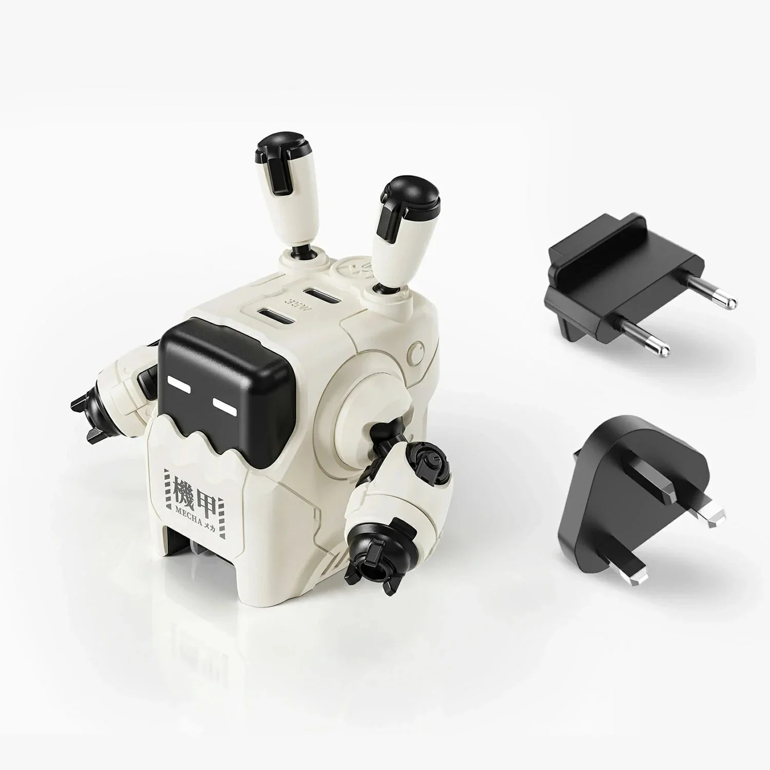 Siyah vurgulu beyaz bir robot ve yanında iki fiş adaptörü.