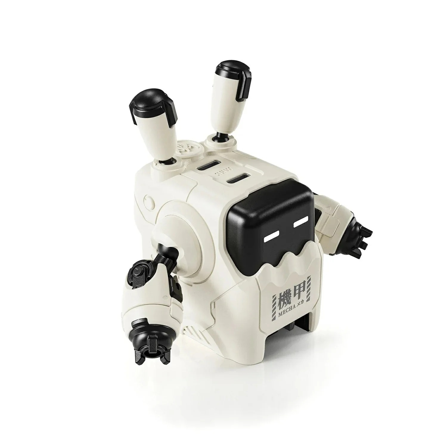 Siyah vurgulu, başında iki anteni olan beyaz bir robot.