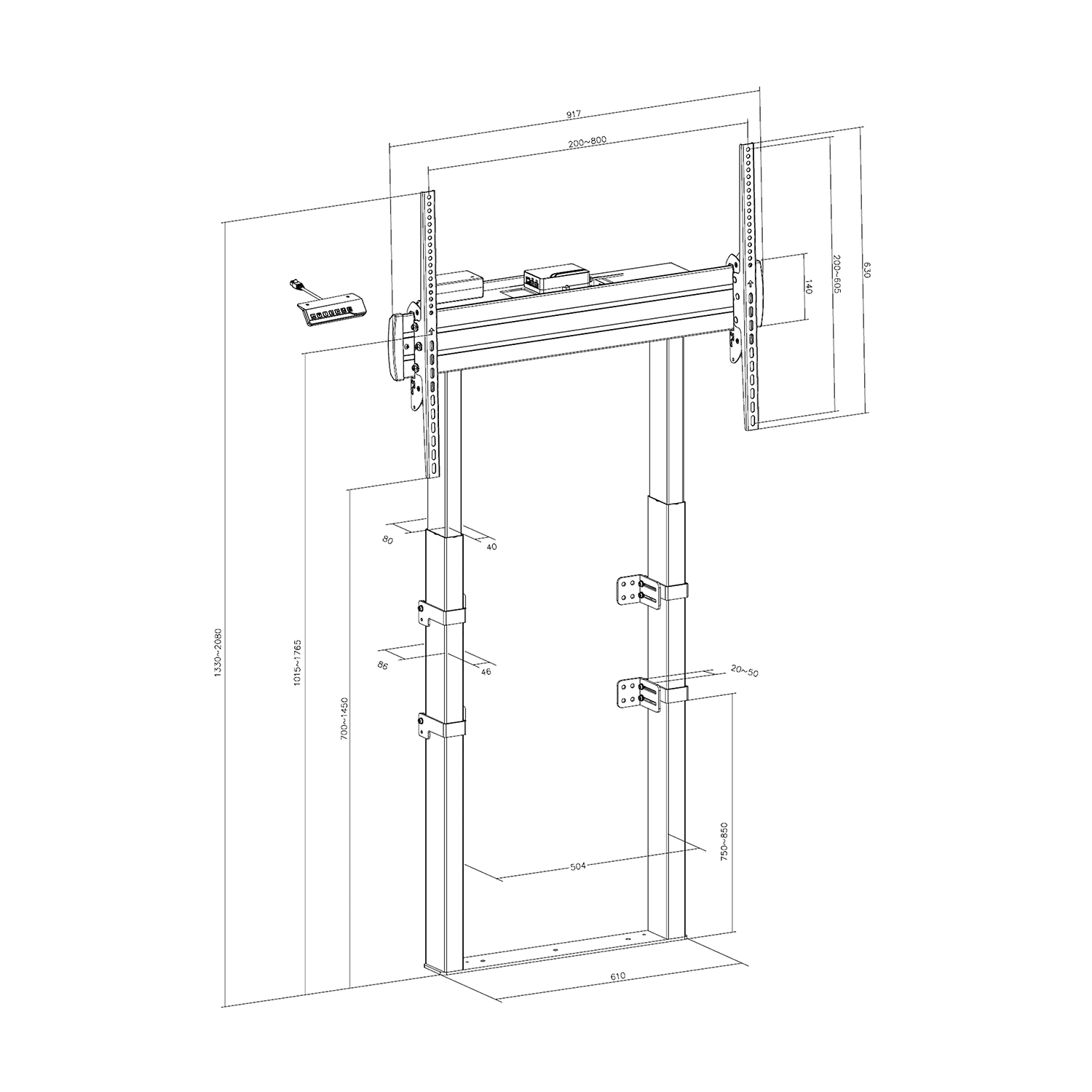 Disegno tecnico di un supporto TV con dimensioni. Altezza e larghezza regolabili.