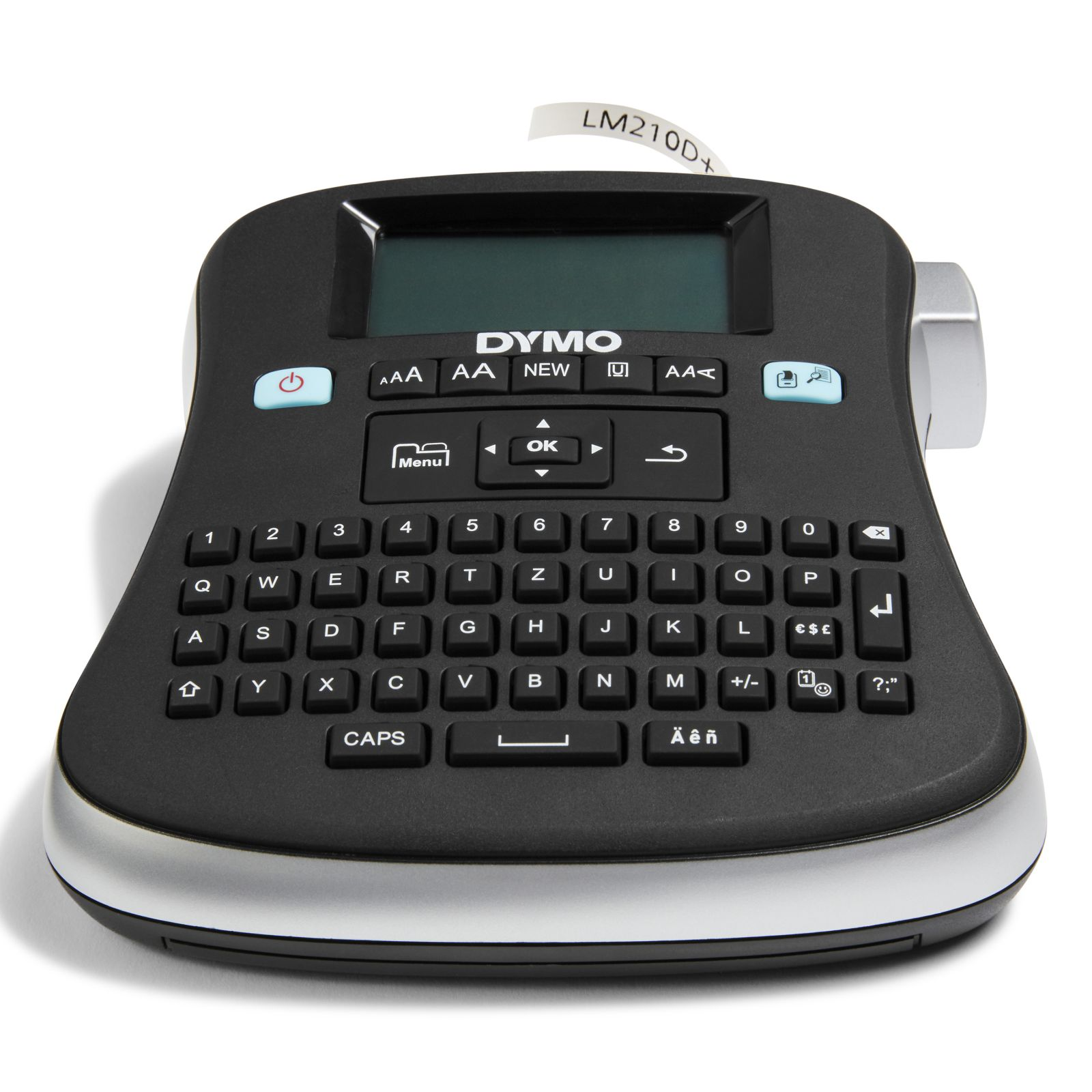 Una etichettatrice DYMO LM210D+ nera con tastiera e display.
