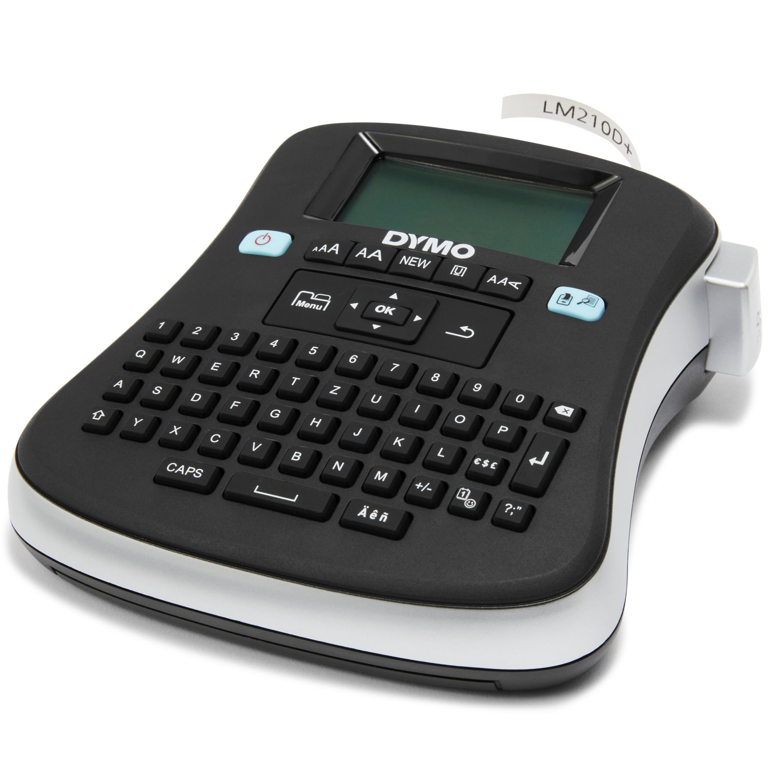 Una etichettatrice DYMO LM210D+ nera con tastiera QWERTY e piccolo schermo.