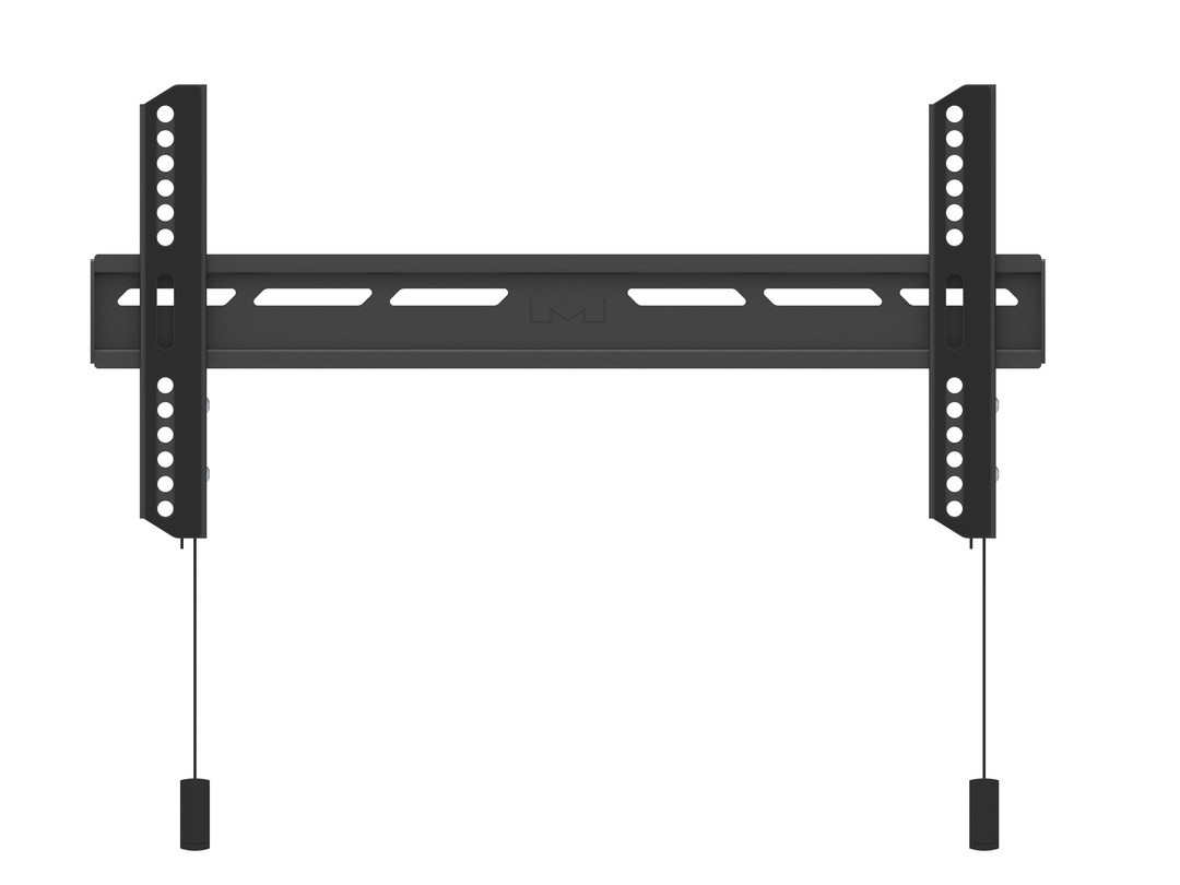 Supporto da parete TV nero con barra orizzontale e bracci verticali.