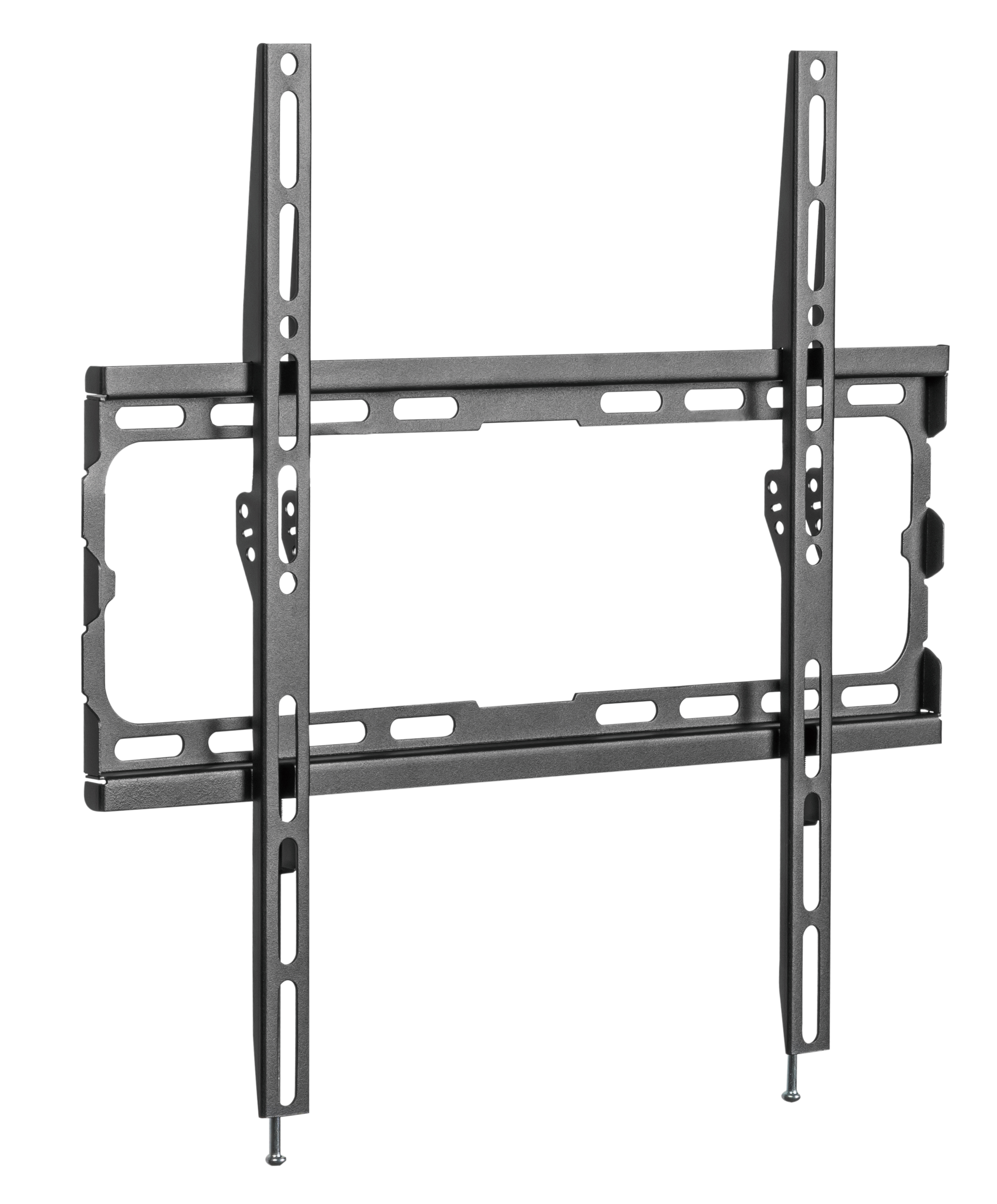 Un supporto TV grigio con fessure e viti su sfondo bianco.