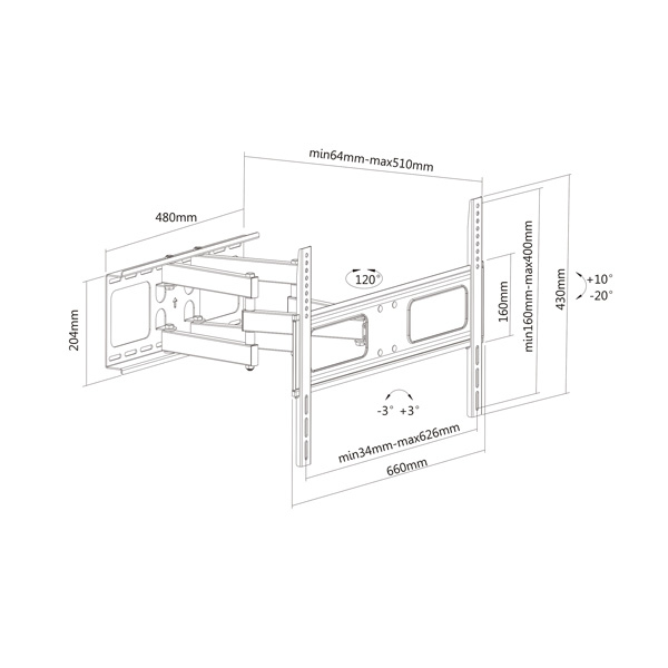 Disegno tecnico di un supporto TV girevole con dimensioni.
