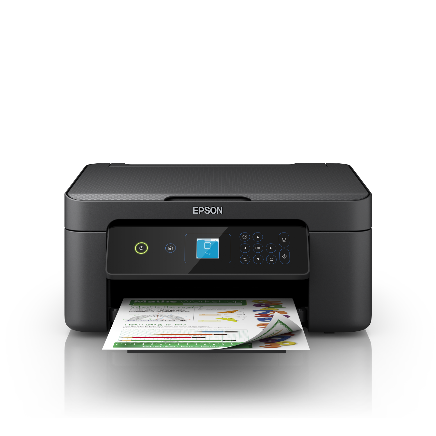 Czarna drukarka Epson z kartką papieru wychodzącą z podajnika.