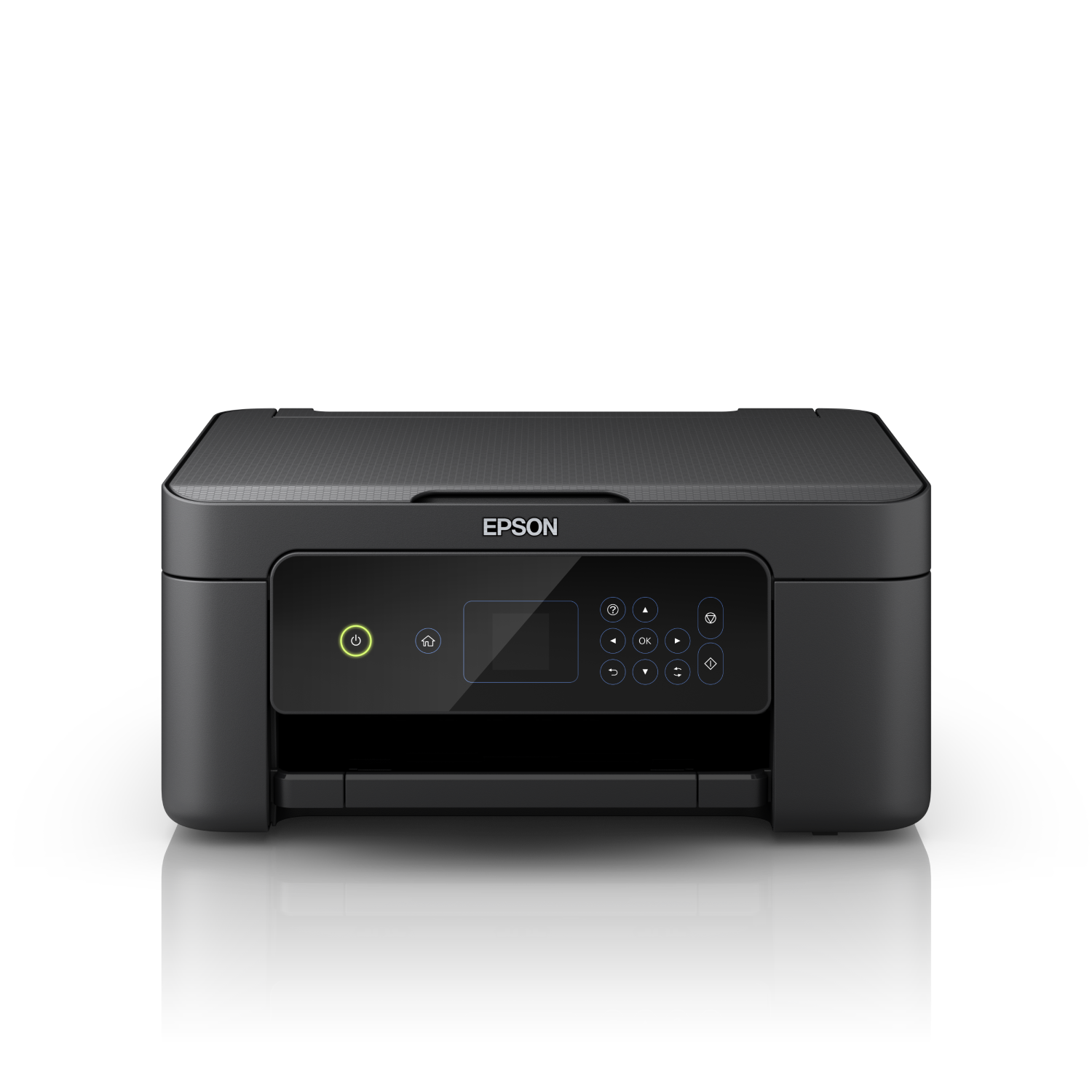 Czarna drukarka Epson z panelem sterowania i ekranem.