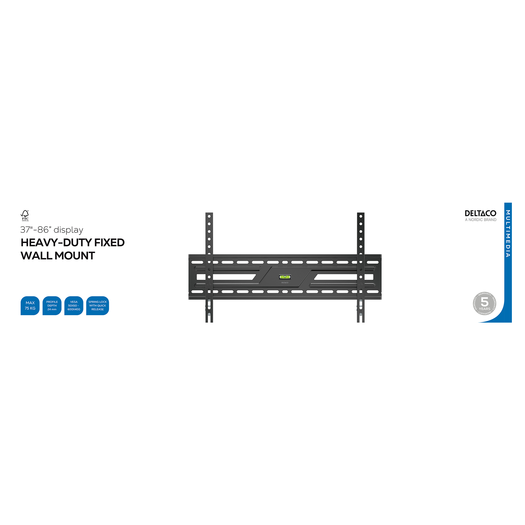 Supporto da parete TV nero per display 37"-86", max 75 kg. VESA 600x400.