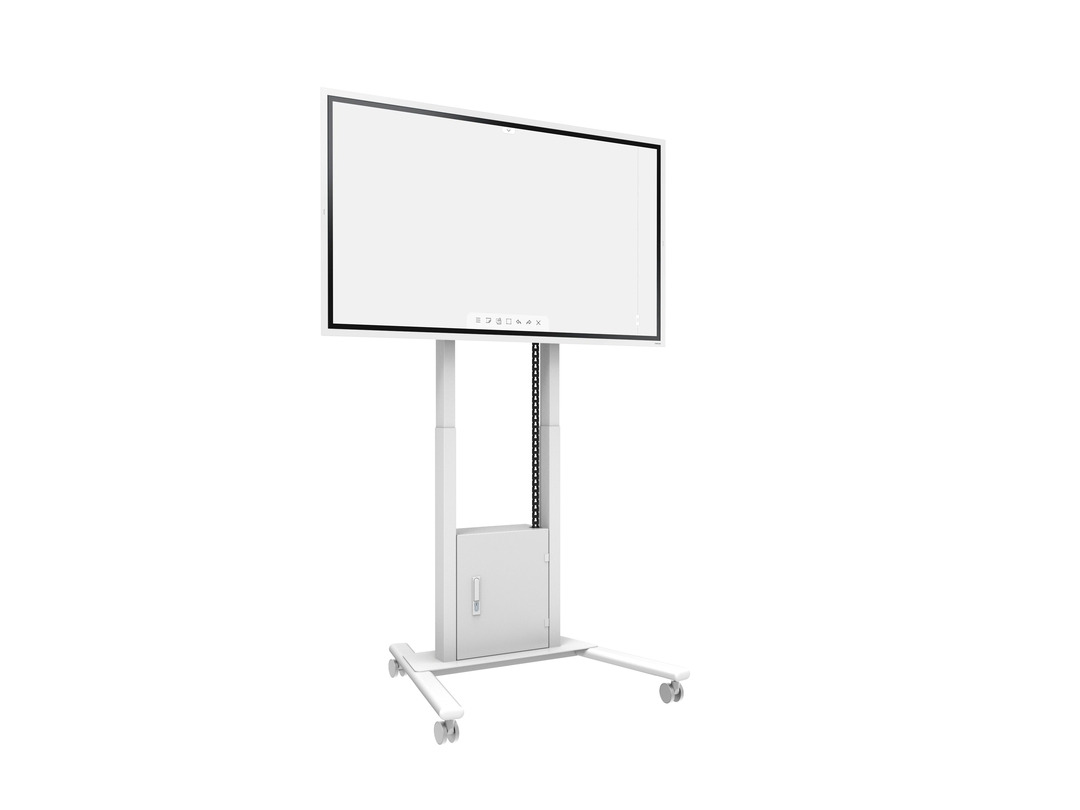 Un display interattivo bianco su supporto mobile con ruote. Presenta uno schermo e un mobile di base.