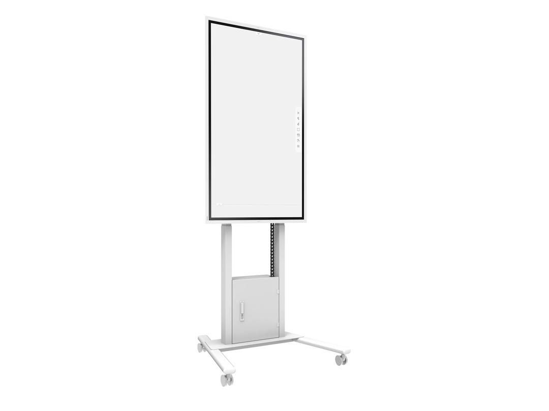 Un display touchscreen mobile bianco su un supporto con ruote e vano portaoggetti.
