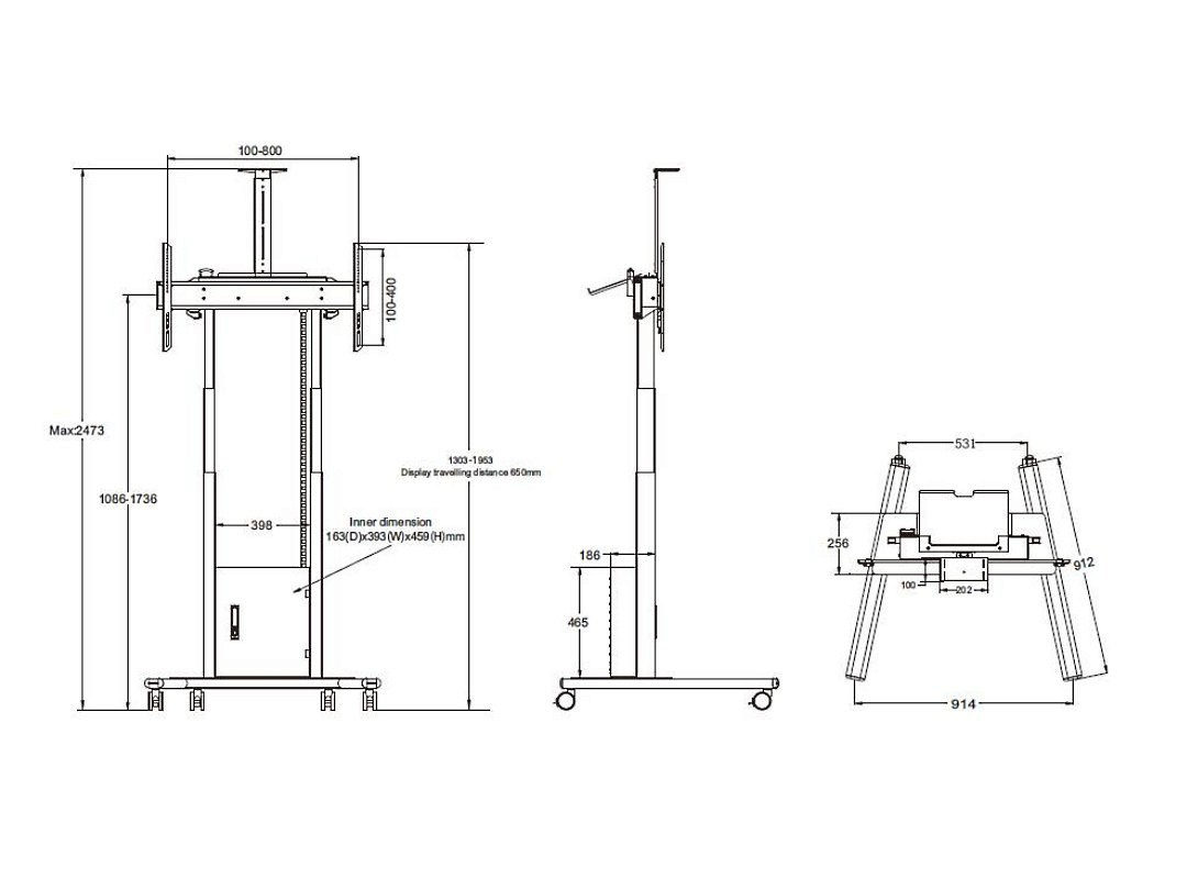 Disegno tecnico di un supporto TV mobile con dimensioni e dimensioni interne.