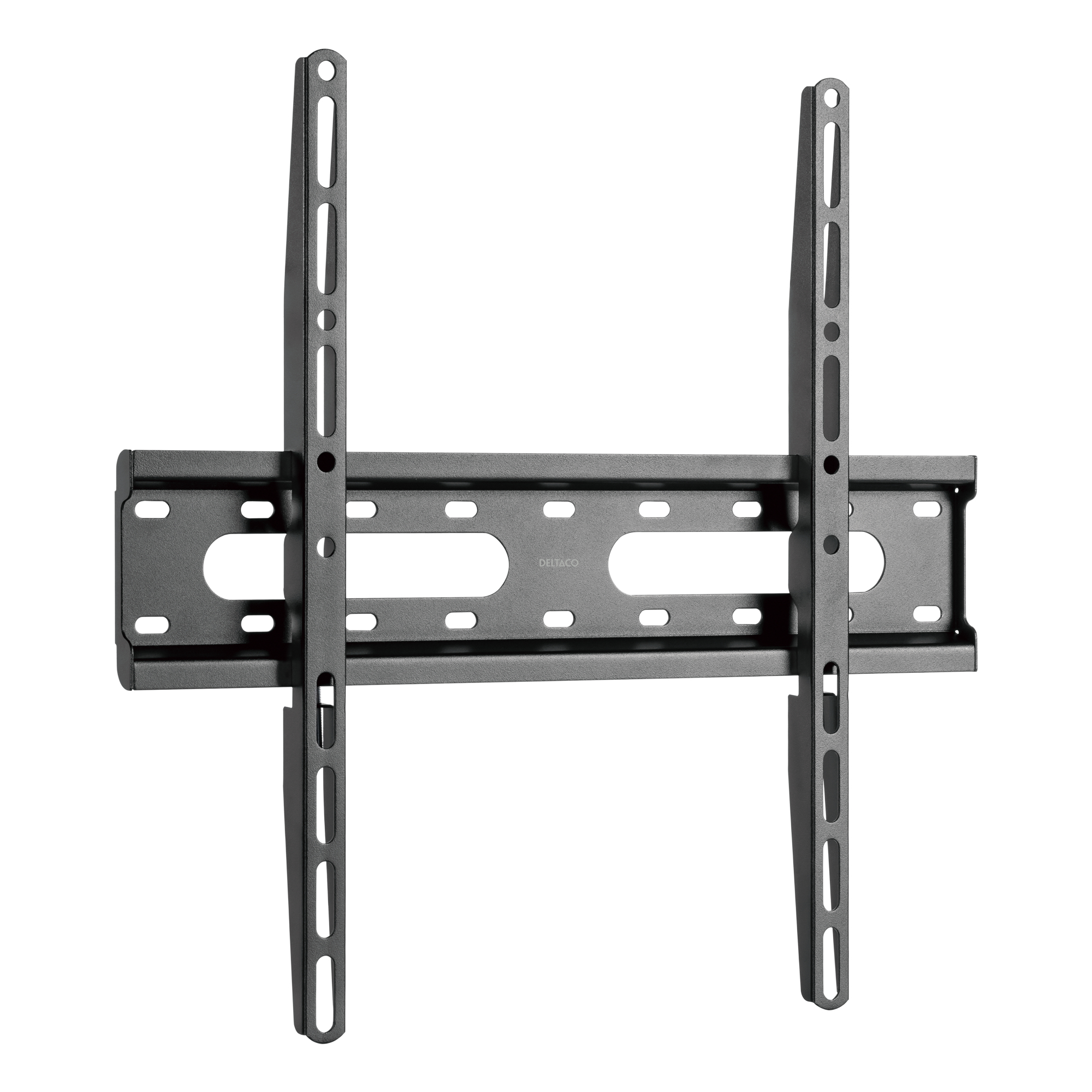 Un supporto da parete TV grigio con bracci regolabili e fori di montaggio.