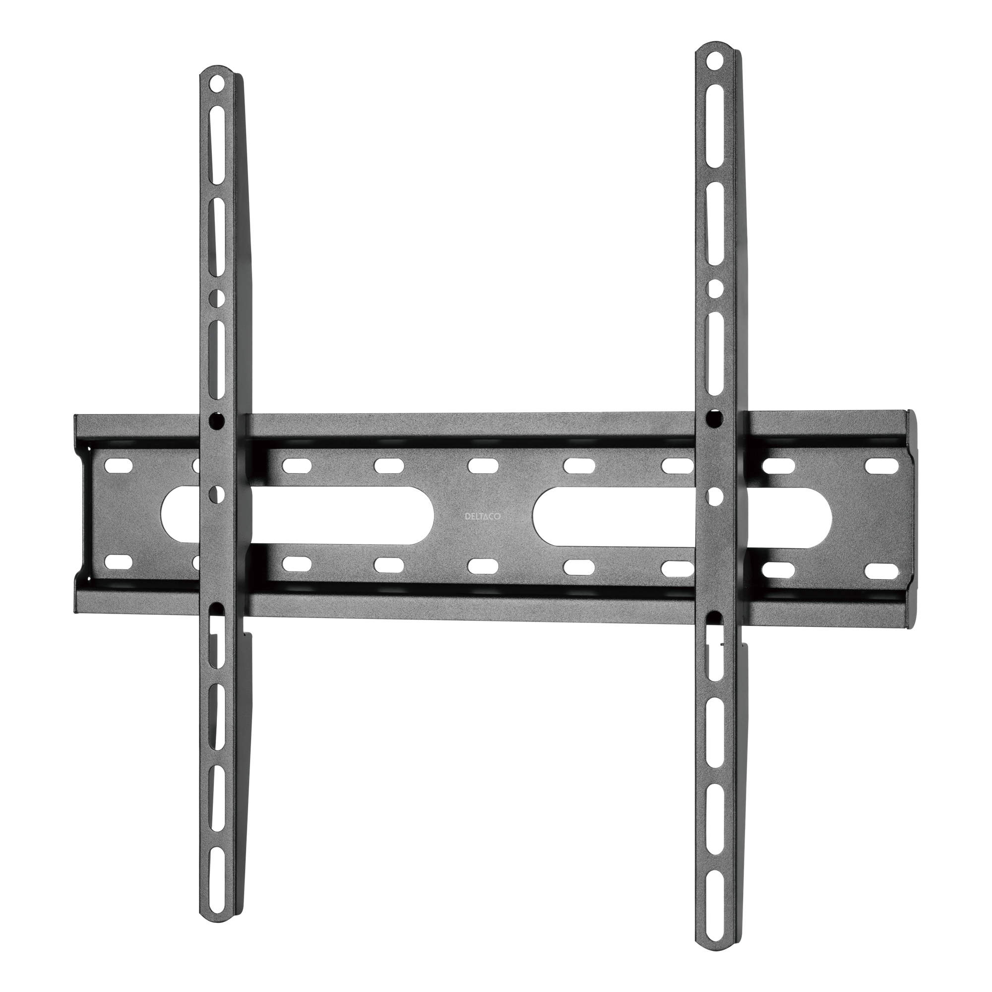 Un supporto da parete TV grigio con bracci regolabili e fessure.