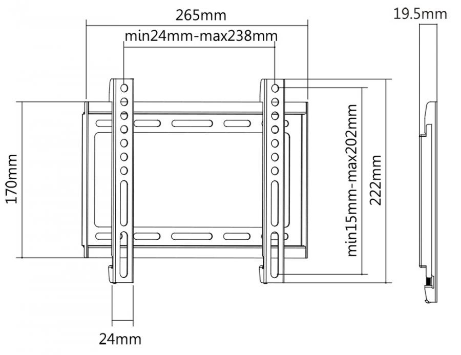 Dibujo técnico de un soporte de pared para TV con dimensiones.