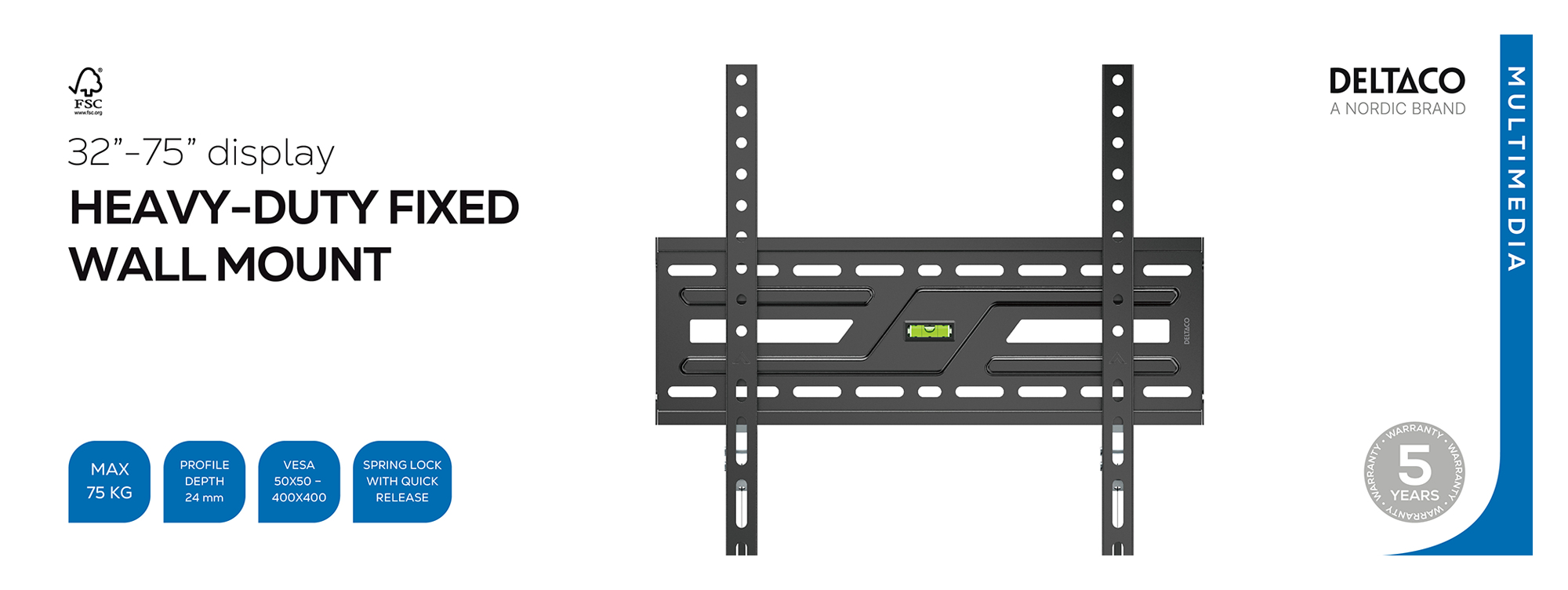 Supporto fisso per impieghi gravosi per display 32-75", max 75kg, VESA 400x400.