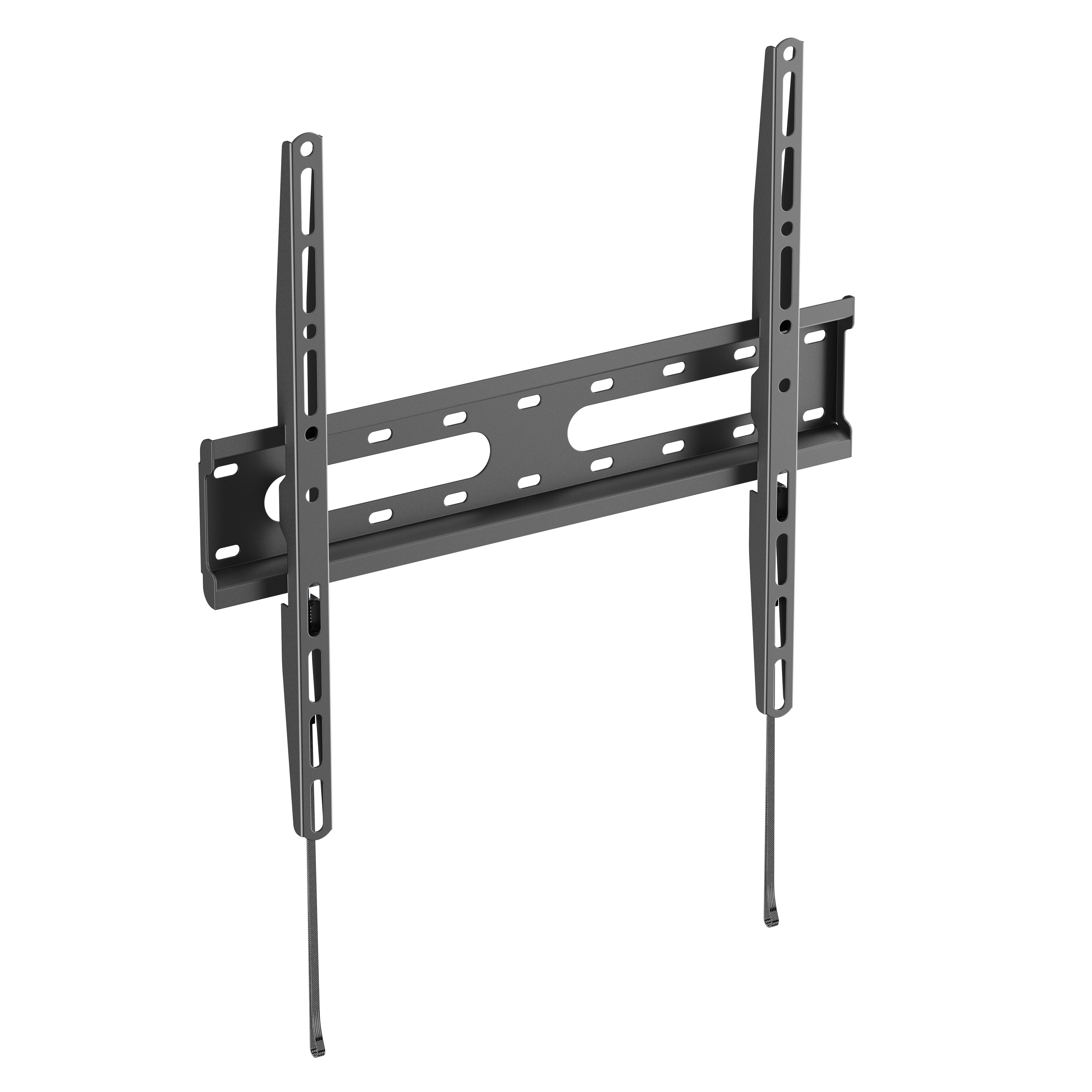 Un soporte de pared giratorio gris para TV con brazos ajustables y ranuras.
