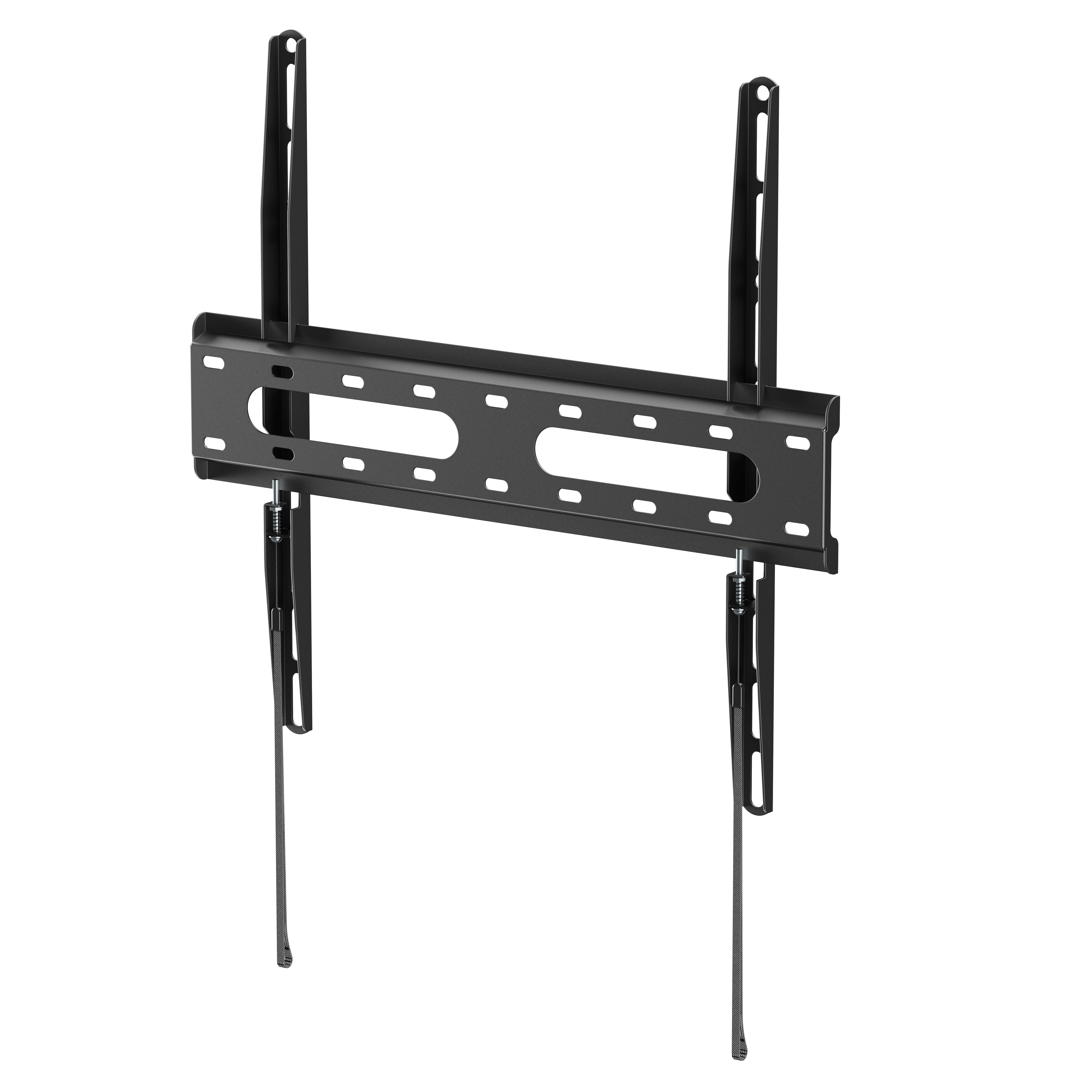 Un soporte de pared para TV negro con brazos ajustables y orificios de montaje.
